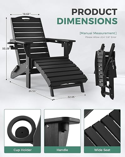Vista 3 de Silla plegable Adirondack con otomana retráctil, resistente a la intemperie, silla de patio con 2 portavasos, silla de jardín al aire libre (negro)