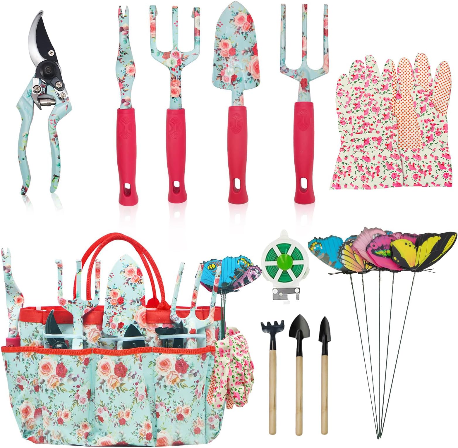 MQFORU Garden Tools Set, 16 Pieces Gardening Gifts for Women & Men, Heavy Duty Floral Gardening Tools Set with Storage Bag, Ergonomic Garden Gifts Kit for Mum, Girlfriend (Red)