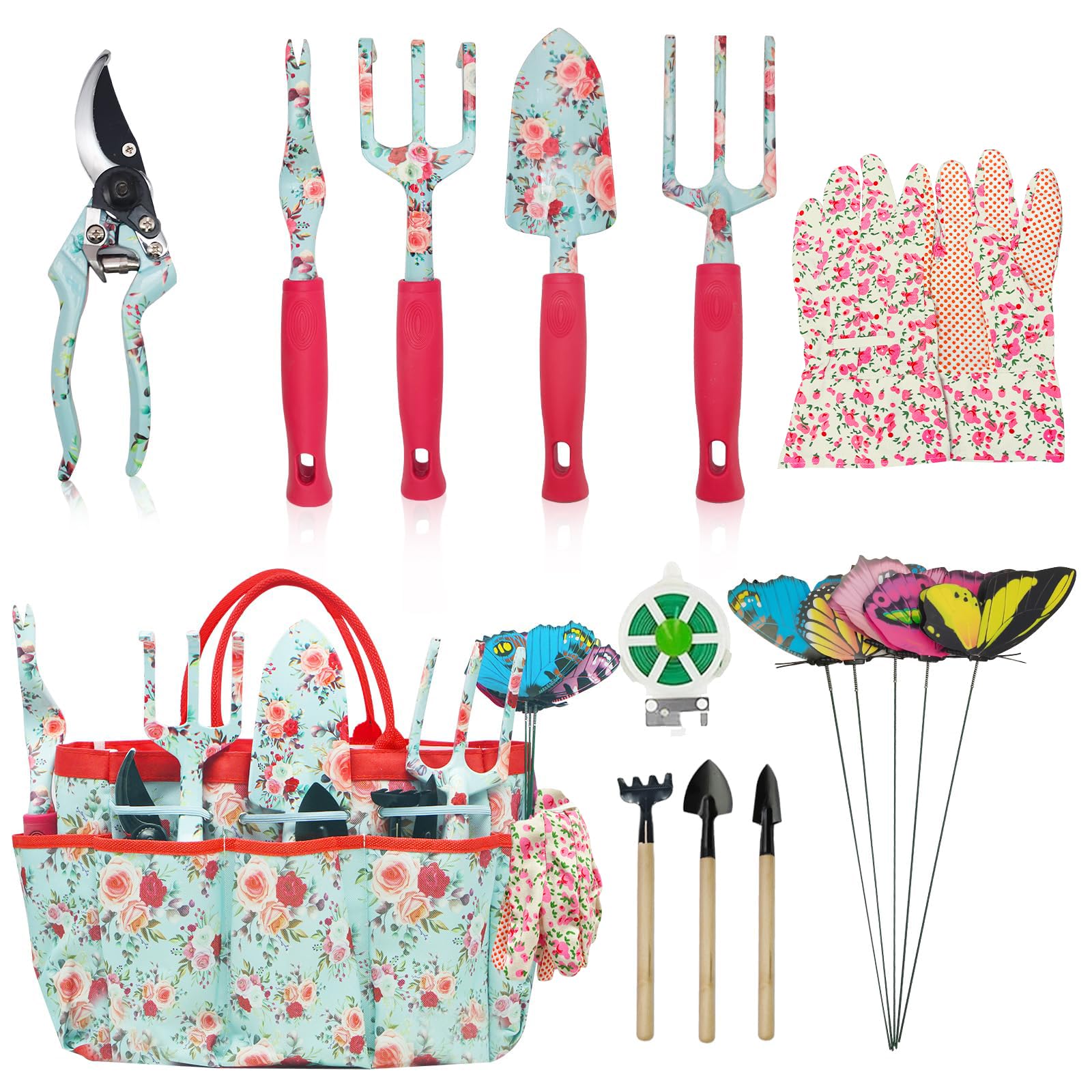 Garden Tools Set, 16 Pieces Gardening Gifts for Women & Men, Heavy Duty Floral Gardening Tools Set with Storage Bag, Ergonomic Garden Gifts Kit for Mum, Girlfriend (Red Flowers)