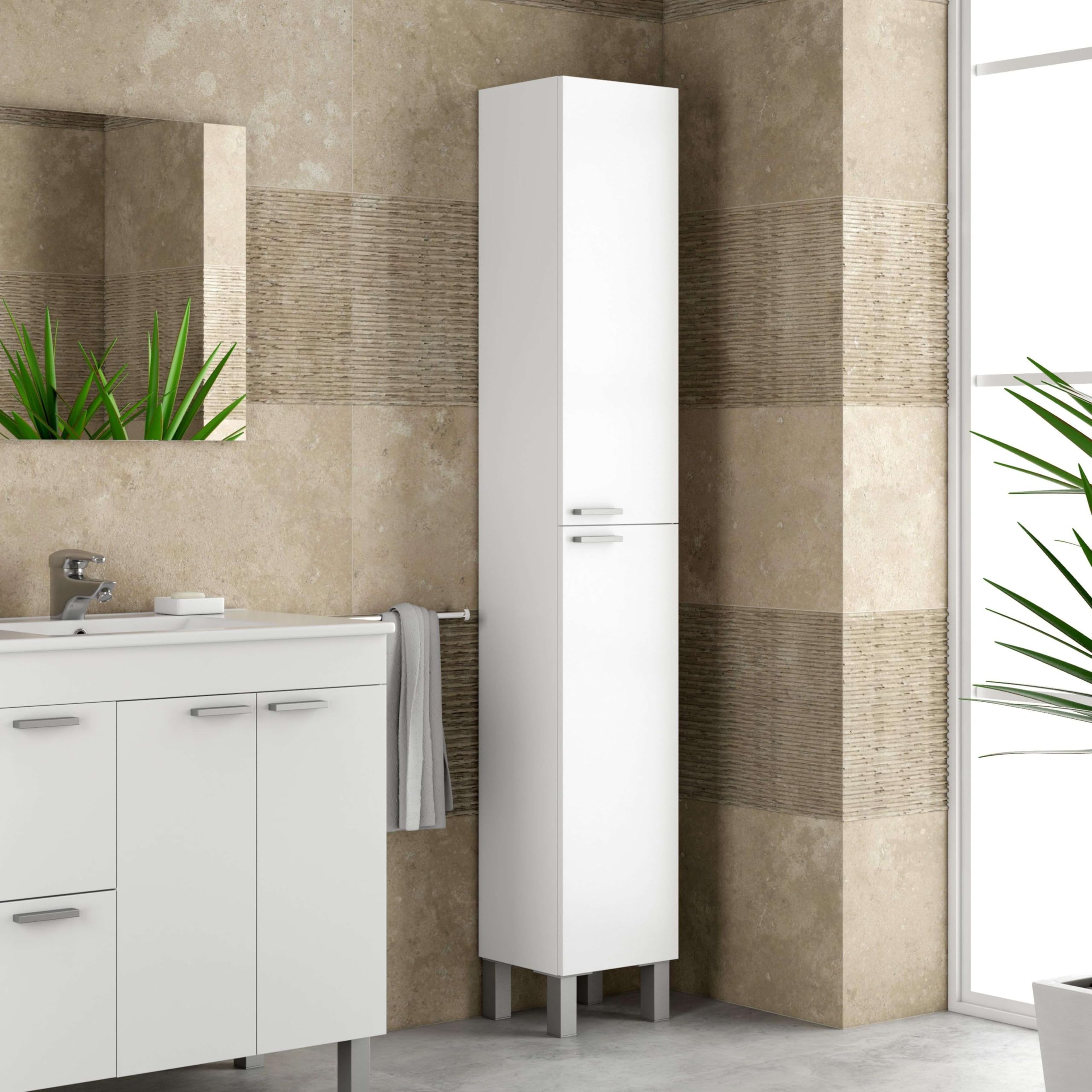 ARKITMOBEL– Columna de Baño Alta con 2 Puertas y 4 Patas, Mueble Auxiliar de Baño, Color Blanco Brillo, 30x182x25 cm – Modelo Koncept