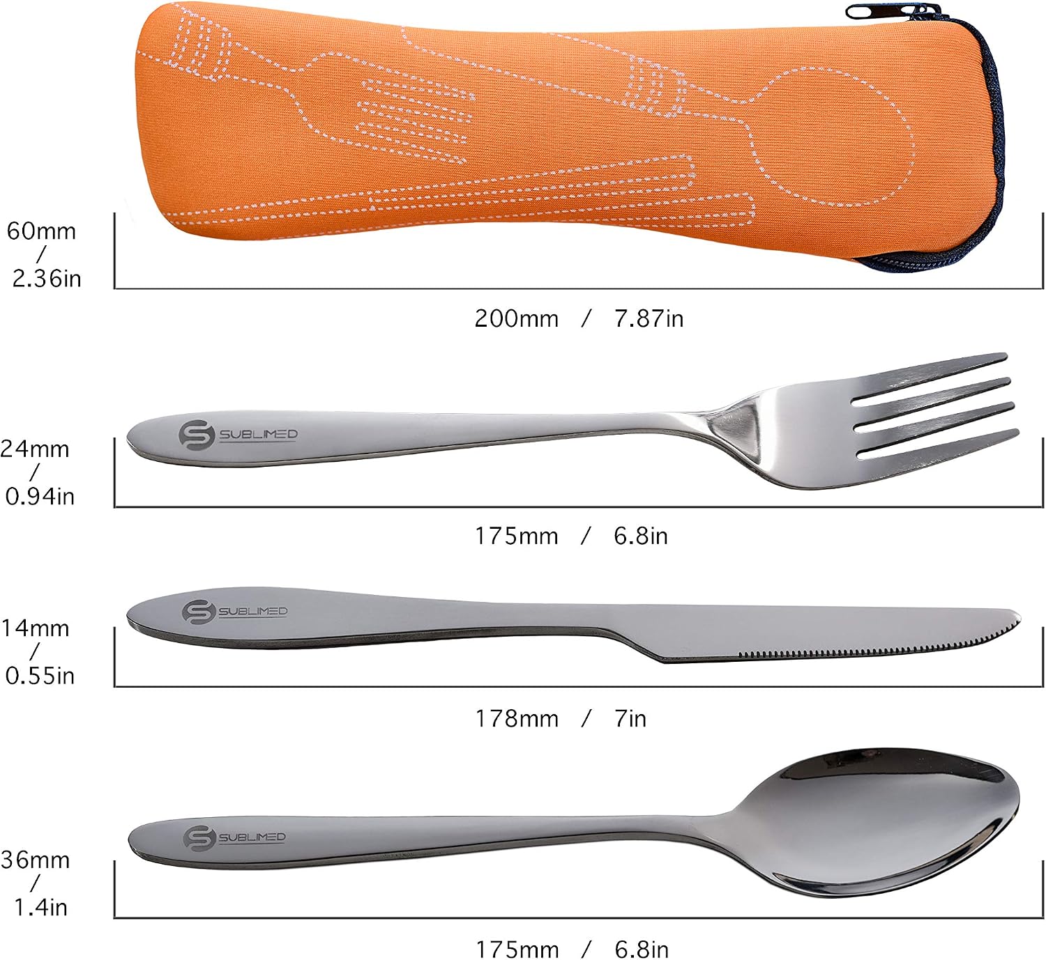 SUBLIMED 3 Piece Camping Utensil Set, Spoon Fork Knife Combo and Neoprene Case, Lunch Box Silverware Set and Travel Flatware.