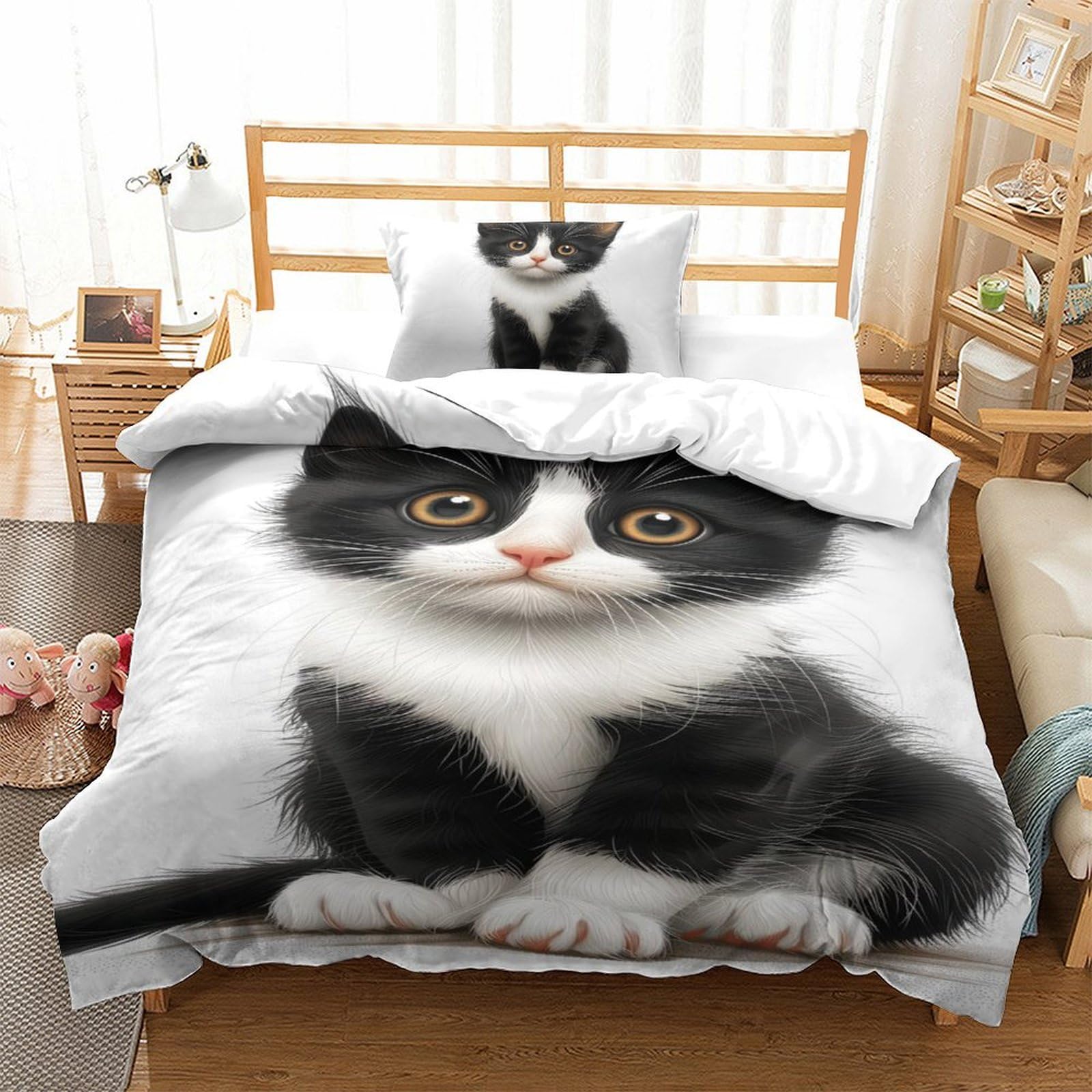 Housse de couette chat 3D microfibre 135x200 cm avec taie d'oreiller pour lit simple ado