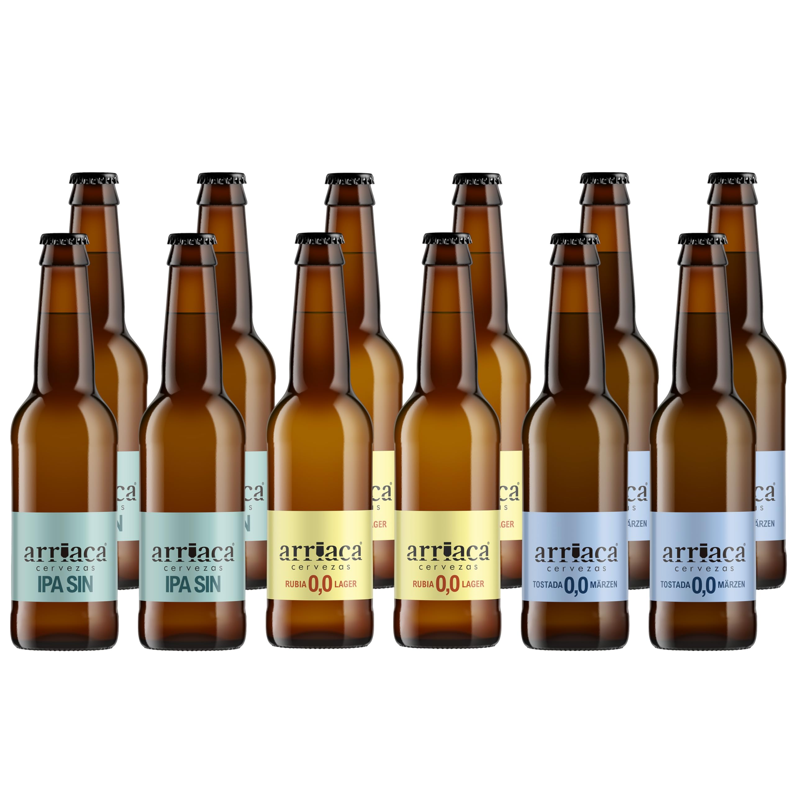 Cerveza Artesana Arriaca Pack Degustación "SIN Alcohol y SIN Gluten" RUBIA 0,0 + TOSTADA 0,0 + IPA SIN (Lata 24ud)