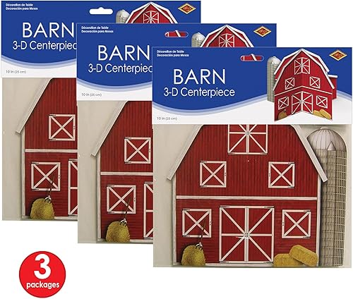 Miniatura 2 de Beistle Centros de mesa de granero rojo 3D, 10 pulgadas de alto, juego de 3 suministros para fiestas de granja, decoraciones de mesa occidental,