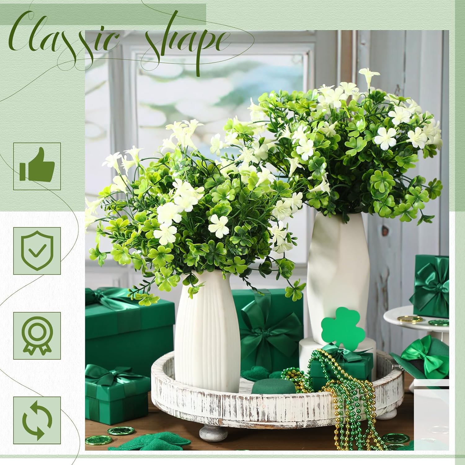 6 Bunch St Patricks Day Decoration Artificial Shamrock Plant Shamrock Pick Faux Flower Stem Irish Clover plastic Floral Fake Green Leaf Realistic Flower Arrangement DIY Vase Home Table Decor(Elegant)