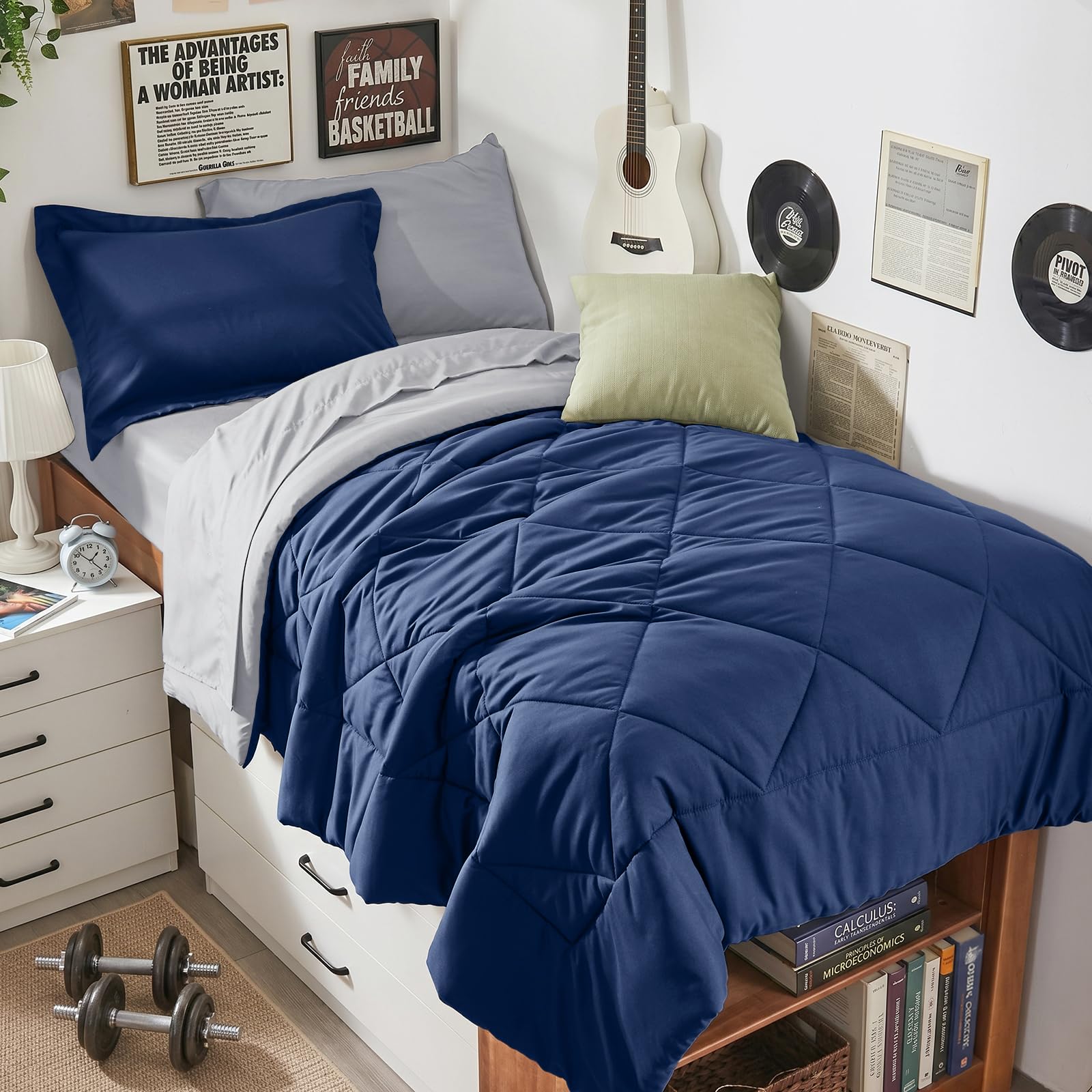 HEVUMYI 5-Piece Twin Comforter Set, Navy Blue &amp; Grey Bed in a Bag