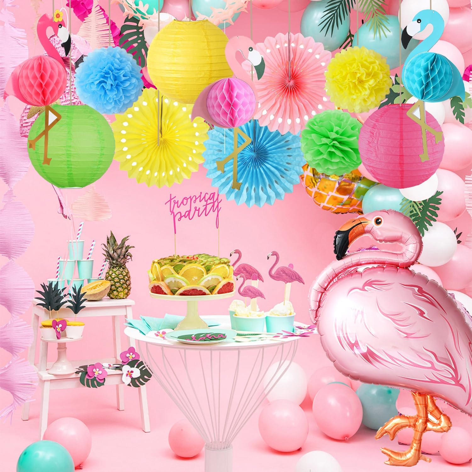 Flamingo Party Supplies, Hawaiian Party Decorations,Flamingo Honeycomb Ball Paper Lanterns Paper Fans Tissue Pom Poms for Summer Beach Party Decorations Luau Tropical Party Supplies