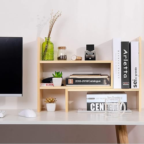 Miniatura 2 de VERGOODR Organizador de escritorio, estante de almacenamiento de oficina, ajustable, de madera natural, estante para libros, organizador de