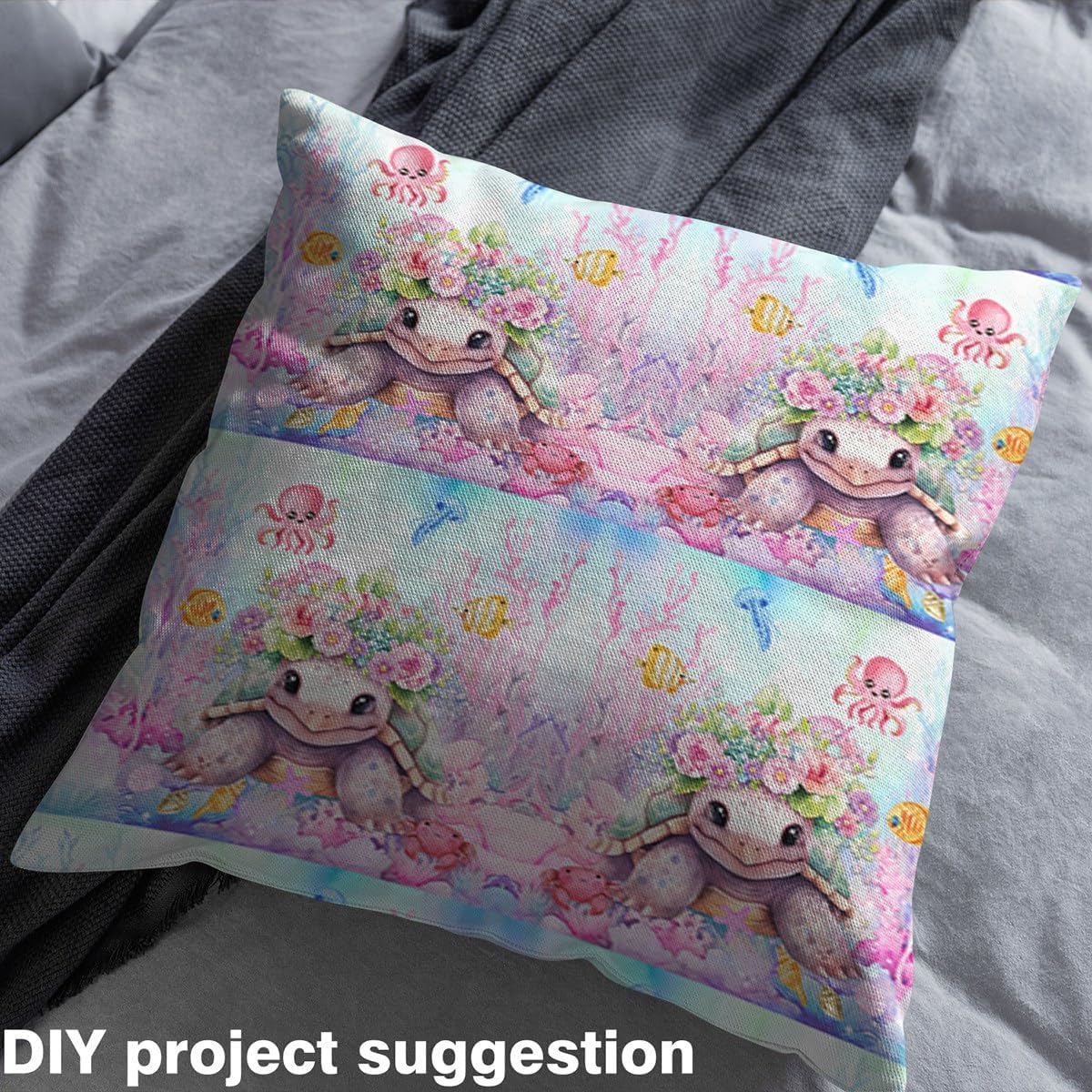 Feelyou Cute Sea Turtle Fabric by The Yard 2 Yards Cartoon Ocean Animal Decorative Waterproof Outdoor Fabric Flower Floral Print Upholstery Fabric for Chairs Reptile Tortoise DIY Reupholstery Fabric