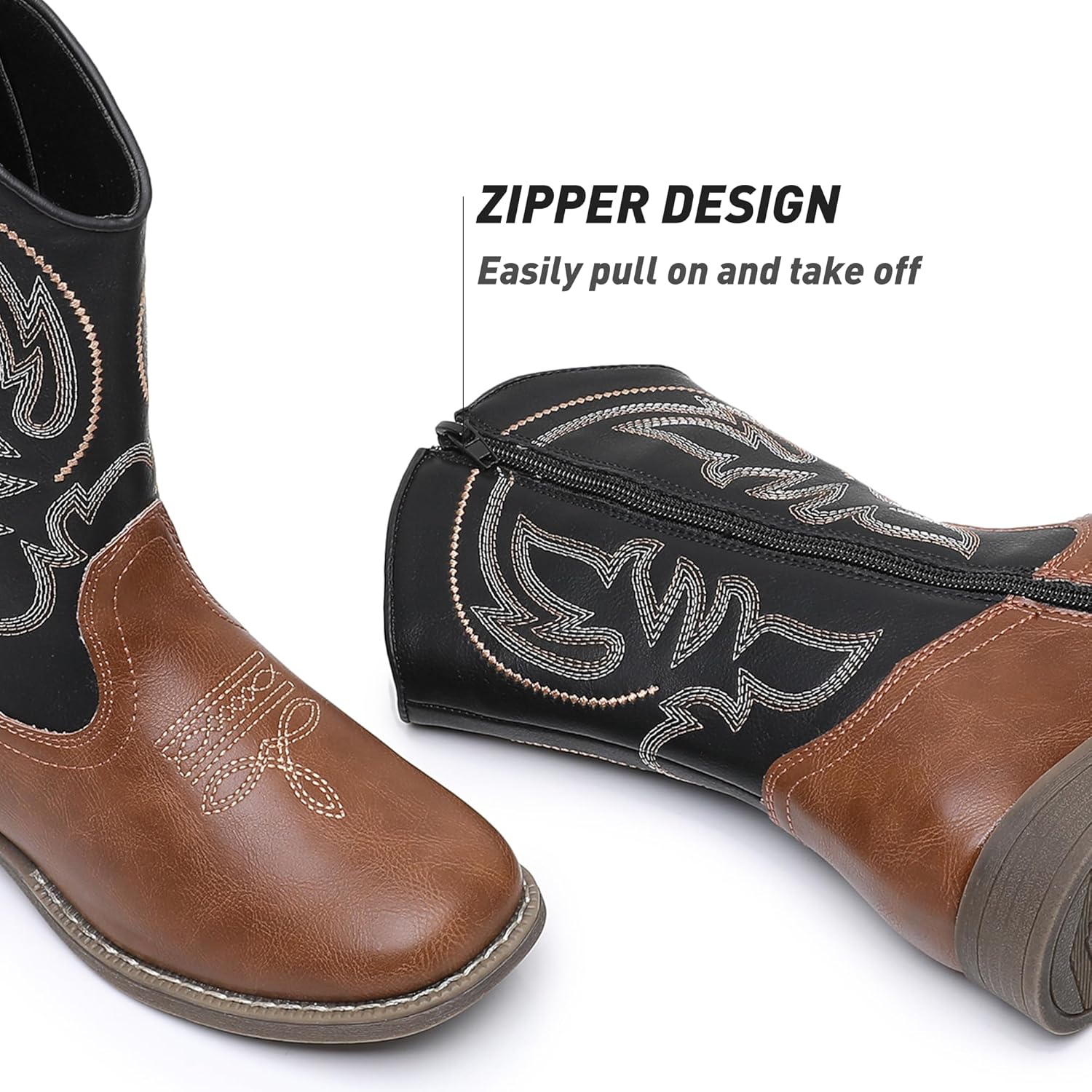 Felabo Boys Cowboy Boots - Western Square Toe Pull-On Side Zipper Embroidered Shaft Slip-Resistant Outsole (Toddler/Little Kid/Big Kid)