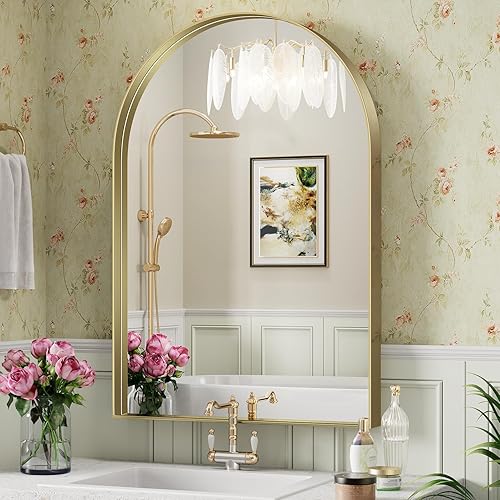 Brightify - Espejo arqueado de 30 x 40 pulgadas, espejo dorado con marco de metal para pared, espejo de tocador superior para baño, espejo para sala