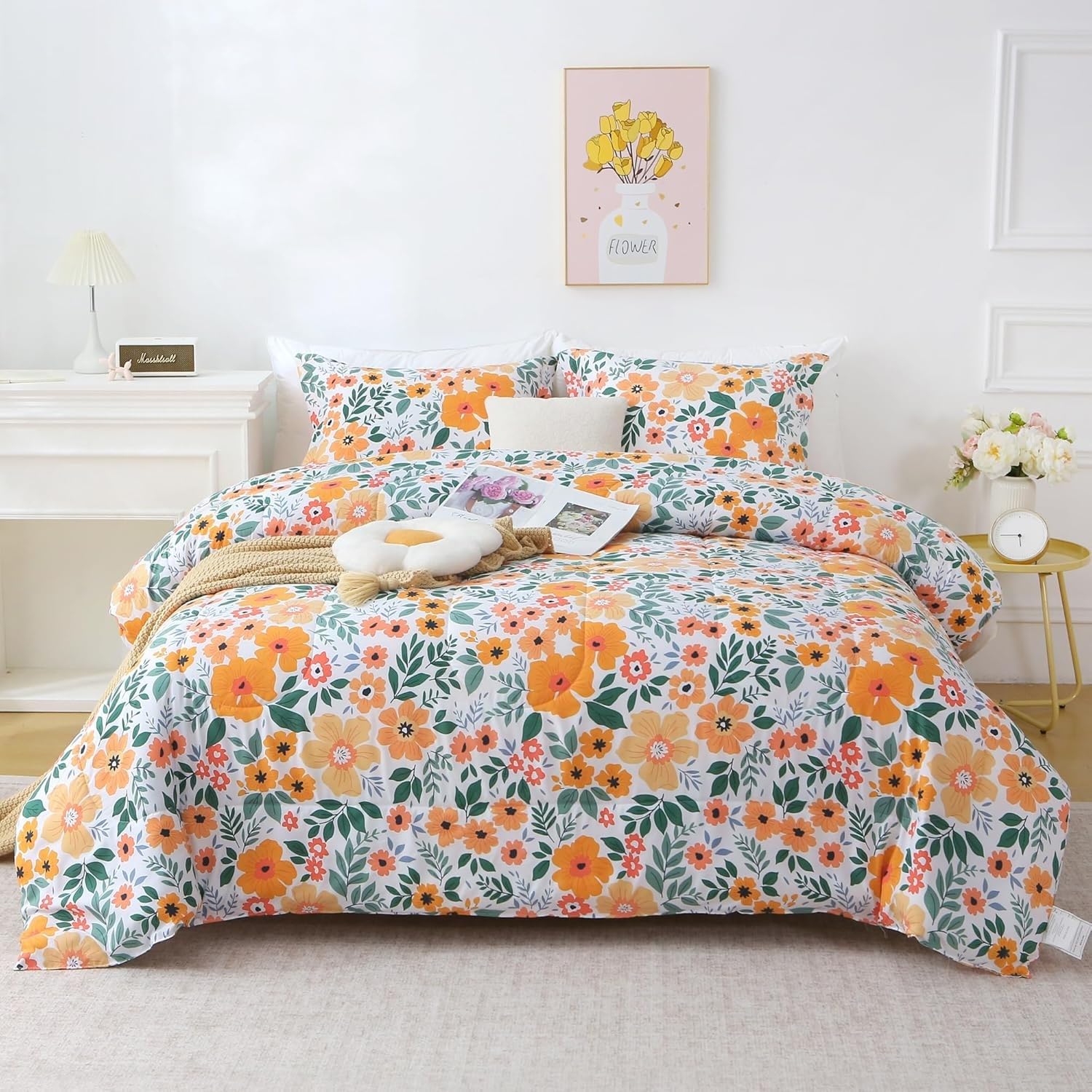 Generisch Blumen Bettdecke Mikrofaser-Bettwäscheset Orange 135x200