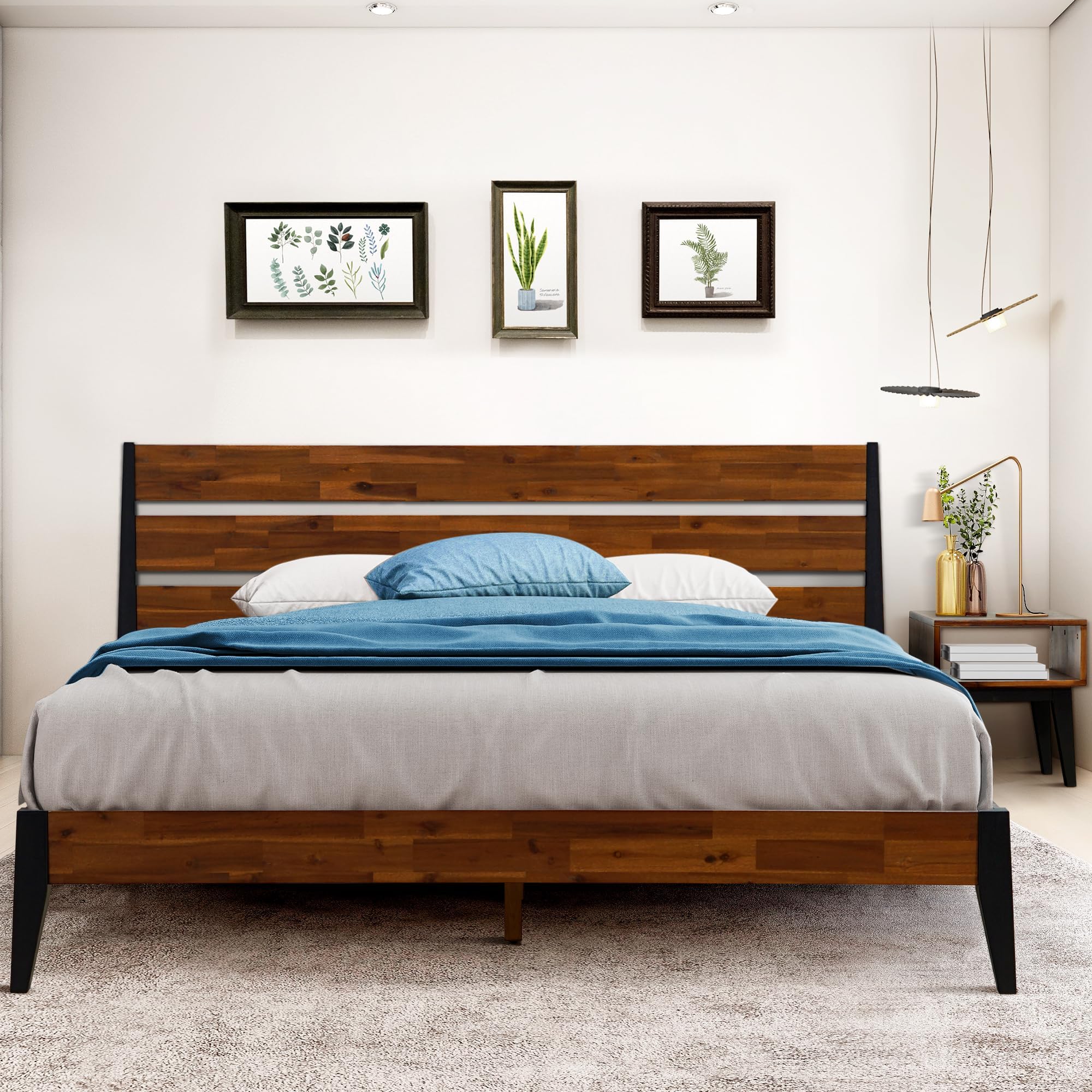 Acacia Emery Wooden Platform Bed Frame with Nightstand Set, Solid Wood