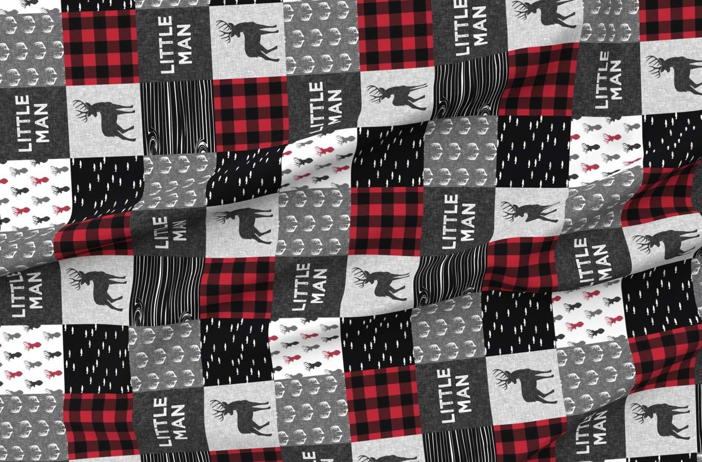 Spoonflower Fabric - Patchwork, Wholecloth, Boy, Woodland, Deer, Buck, Buffalo Plaid, Red Printed on Organic Cotton Sateen Fabric by The Yard - Sewing Quilting Apparel Home Decor