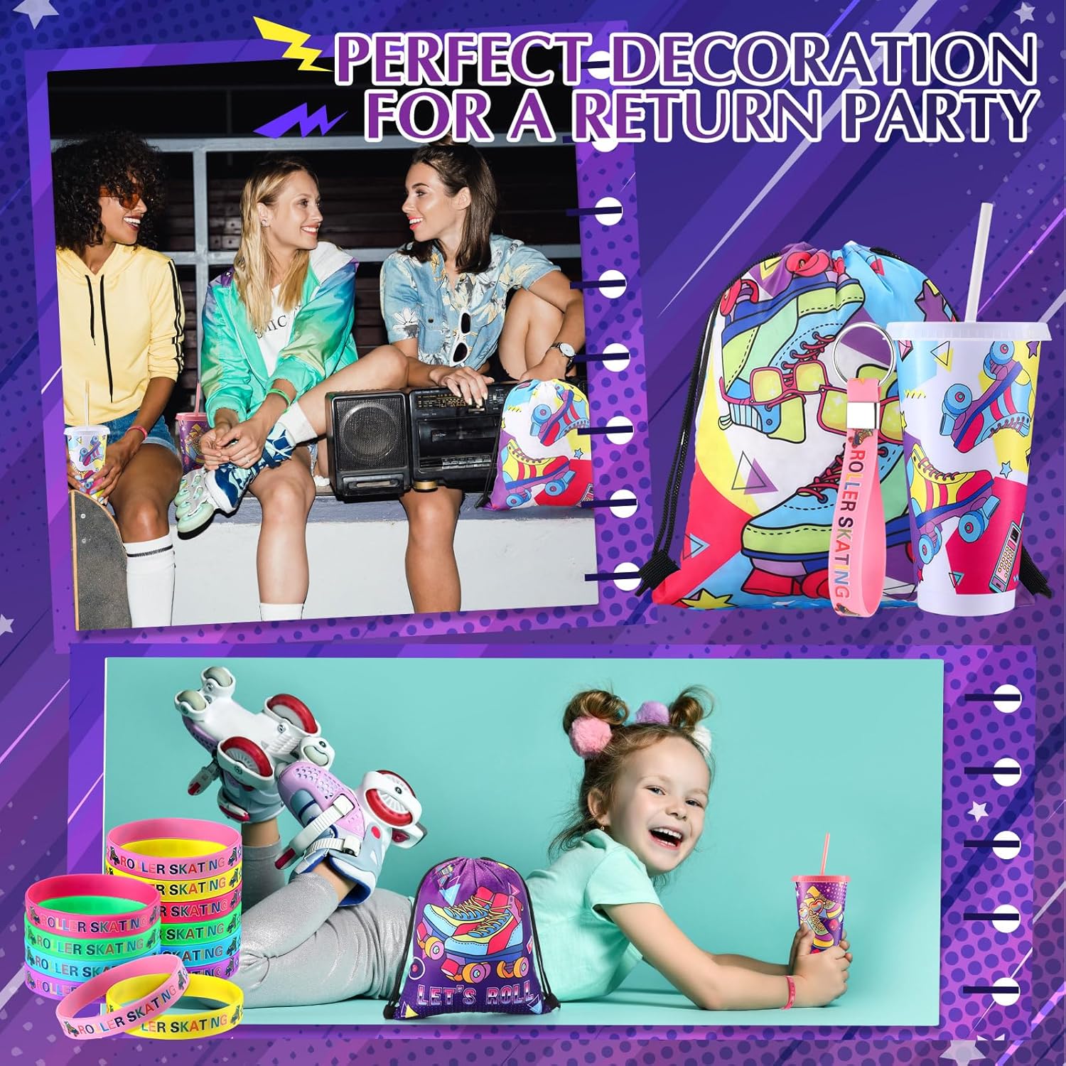 Tellingyou 48 Pcs Roller Skate Party Favors Includes Skate Backpack, 24 oz Reusable Tumblers with Lids and Straws, Silicone Wristbands, Keychains for Roll Theme Birthday Roller Skating Party Supplies