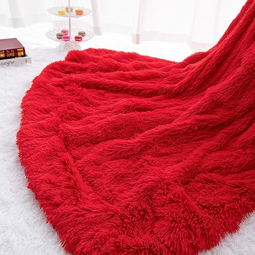 HOMORE Manta suave y mullida de felpa Sherpa acogedora de piel sintética para cama, sofá, silla, decorativa, 50 x 60 pulgadas, color rojo