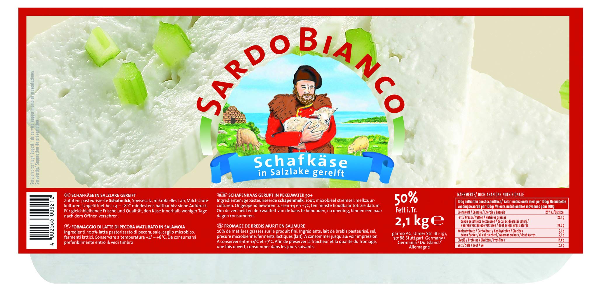Sardo Bianco Schafkäse - 2x 2.1kg - Schafskäse in Salzlake gereift Sardischer Schafkäse Käse aus Sardinien Italien Schaf Käse in Vakuum 50% Fett i.Tr. aus 100% Schafmilch mikrobielles Lab vegetarisch