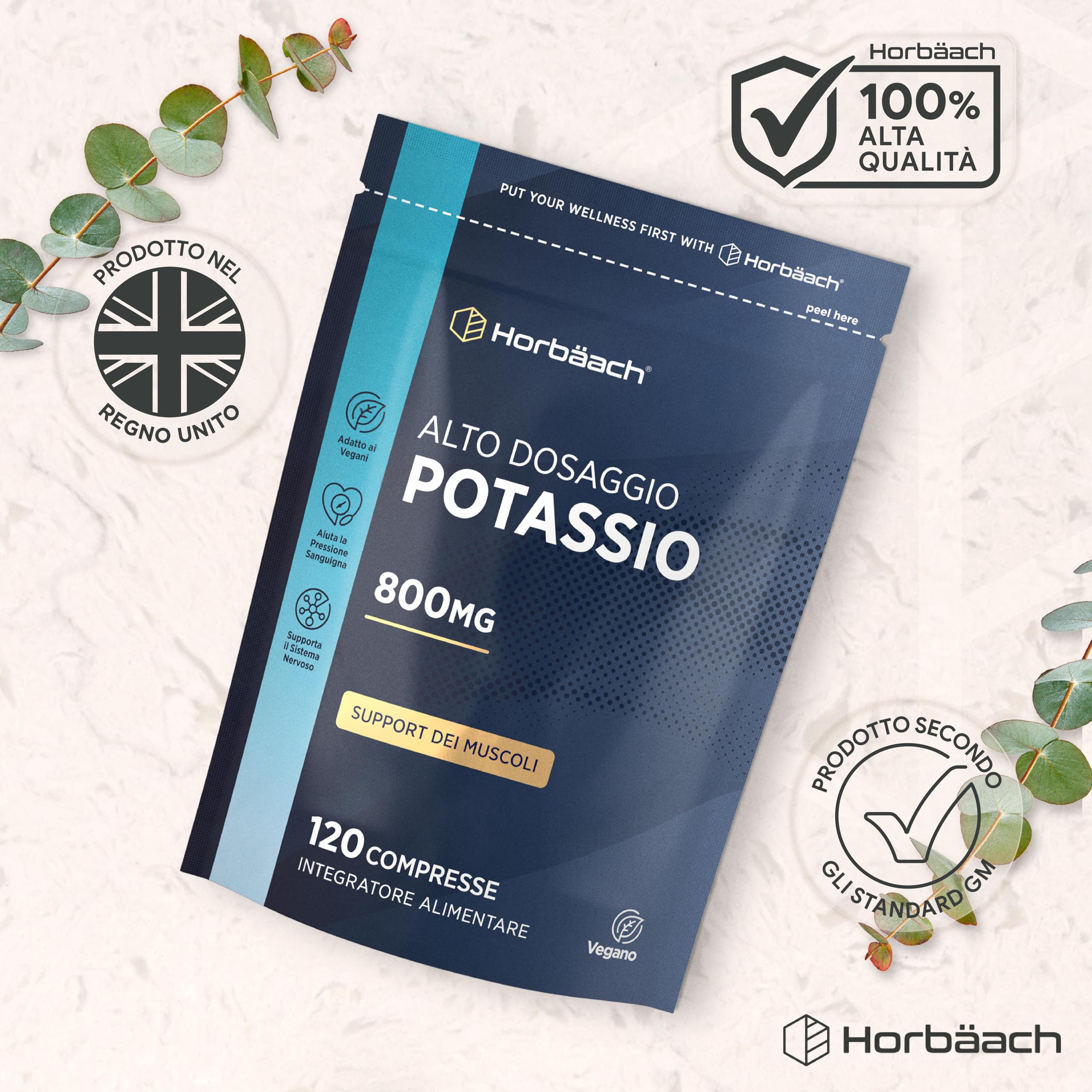 Potassio Integratore 800mg | 120 Compresse Vegane | ad Alto Dosaggio | Potassium | Horbaach