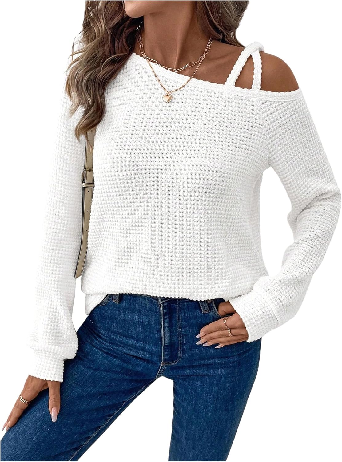 SweatyRocks Women's Off The Shoulder Long Sleeve Shirts Waffle Knit Casual Cut Out Textured Tees