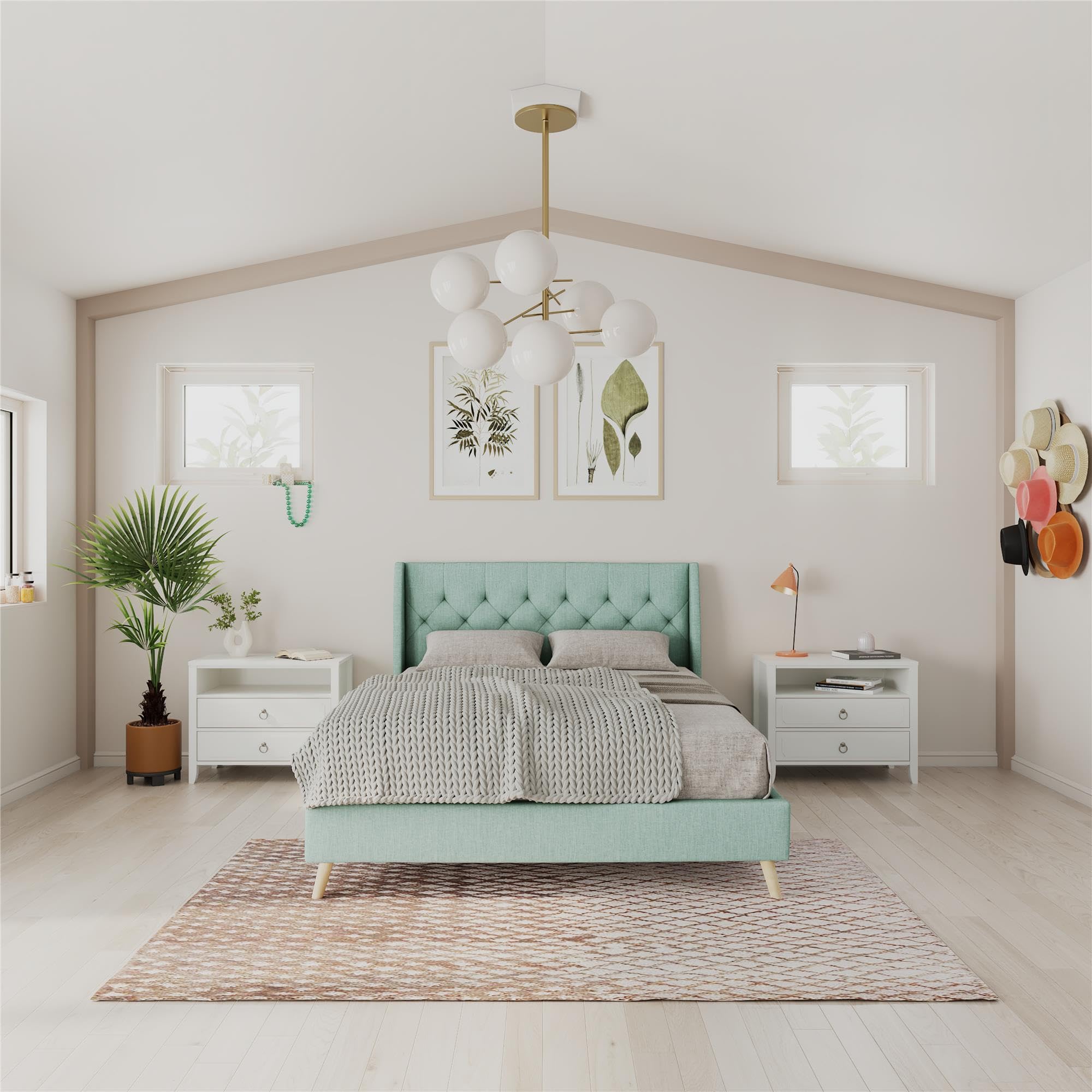 Novogratz Her Majesty Bed, Queen, Light Green Linen