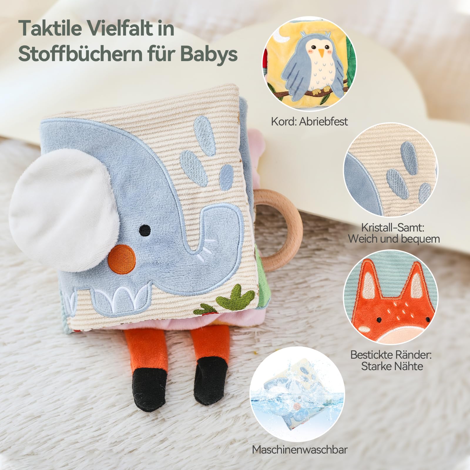 JoyPlus Baby Stoffbuch Sensorik Spielzeug - Knisterbuch Mit 3D Tierschwänzen Ab 0 Monaten