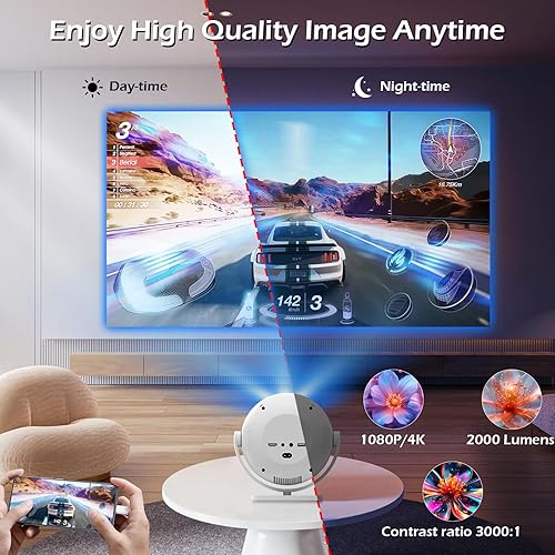 Miniatura 4 de Mini proyectores, soporte 4K con WiFi6 y Bluetooth5.2, aplicaciones integradas Full HD para interiores/exteriores, Keystone automático compatible