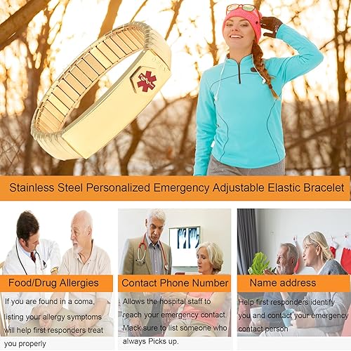 Miniatura 2 de Pulsera de alerta médica para hombres y mujeres, pulsera de identificación médica ajustable ajustable de acero inoxidable para diabetes, alergias,