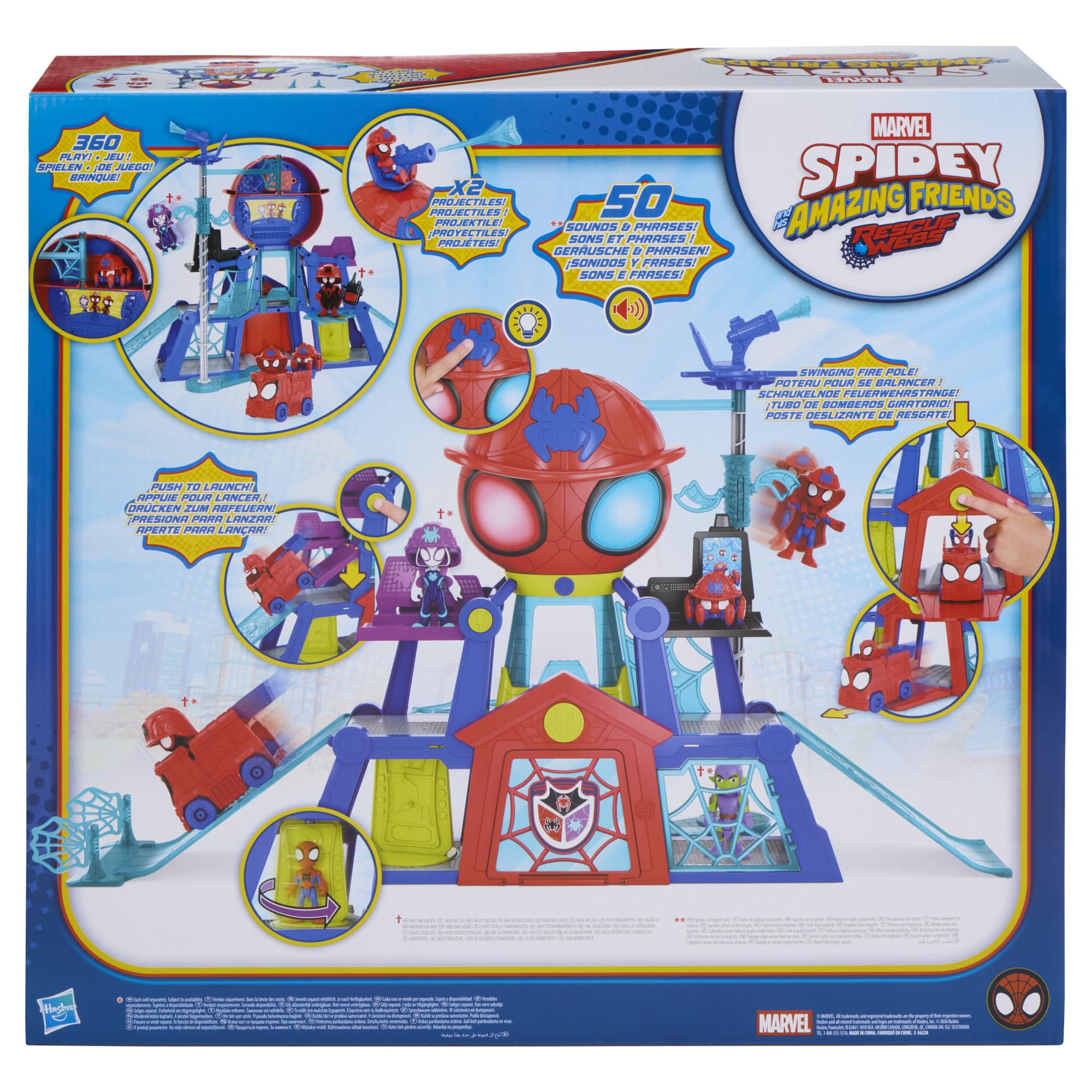 Marvel Spidey and His Amazing Friends, Rescue-Webs, Aracnocuartel, Set de Juego con Figuras de 7,6 cm y vehículo de Juguete, Juguetes de superhéroes para niños pequeños, Edad: A Partir de 3 años