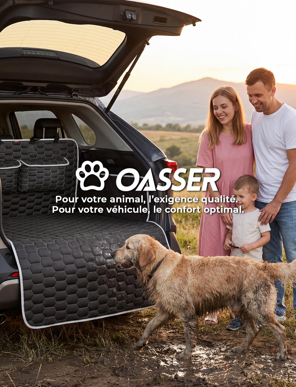 Oasser Protection Coffre Voiture Chien Housse de Protection Couverture de Coffre Imperméable et Antidérapant, 2 Grandes Poches, 185 x 102cm