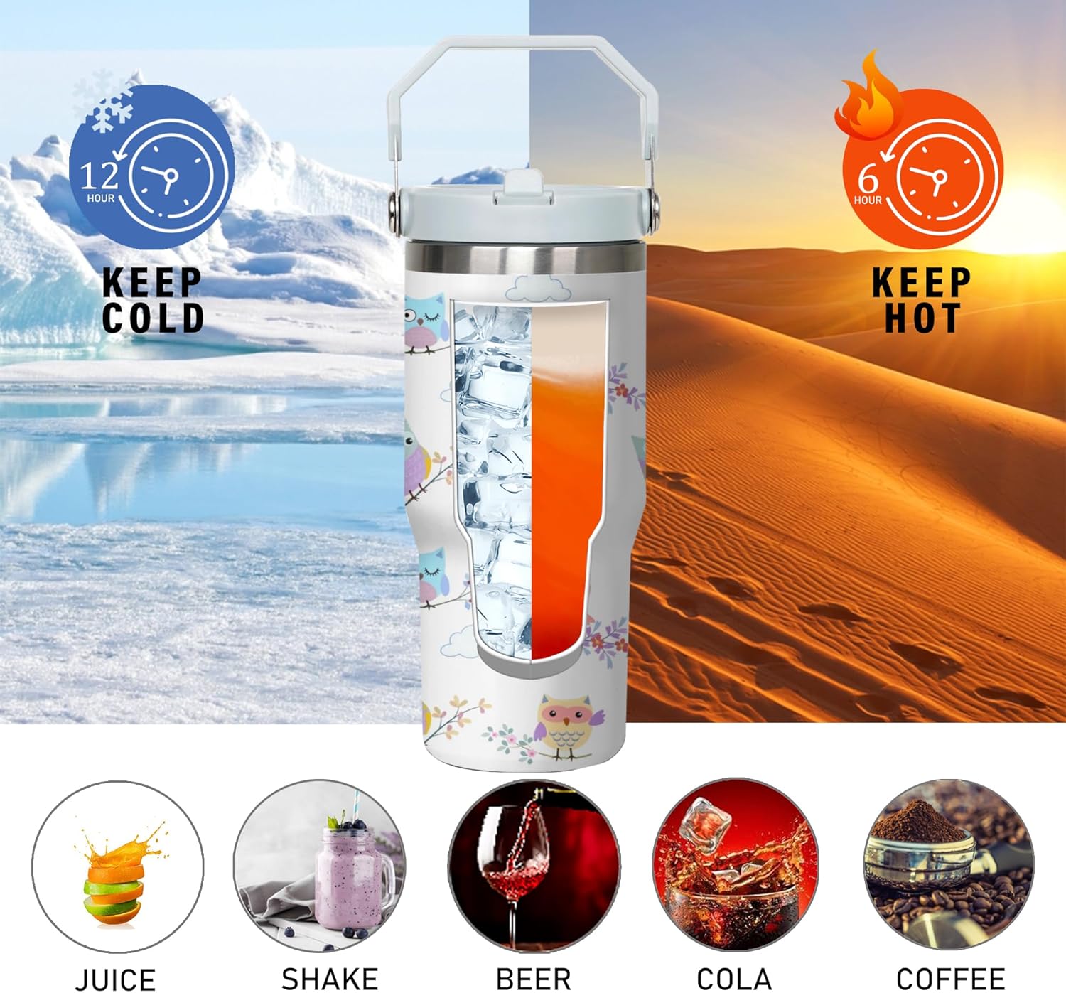 Owl Tumbler with Handle and Flip Straw for Women Men, 30oz Cute Stainless Steel Insulated Cup, Water Bottle Travel Coffee Mug, Gifts for Animal Lovers - Image 4