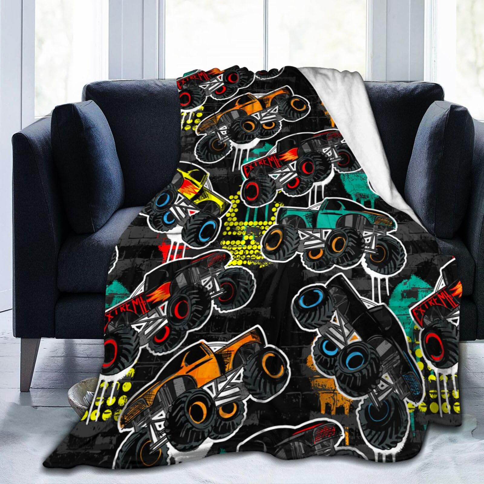 Monster Cartoon Car Pattern Truck Throw Blanket Soft Bed Bedding Warm Cozy Plush Flannel Fleece Blankets Gifts for Kids Boys Teens Men, Sofa Couch