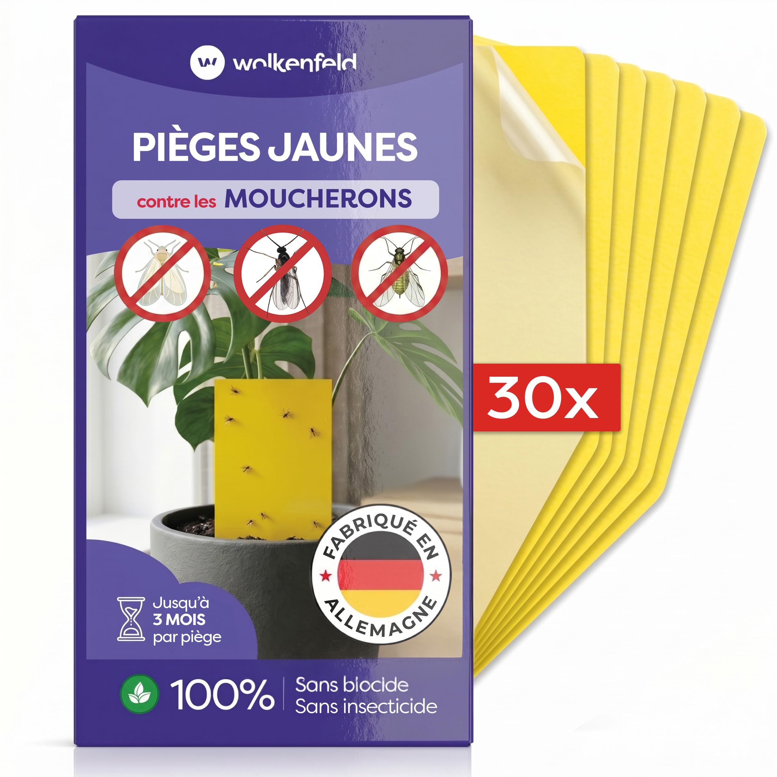 Wolkenfeld Piège à Moucherons Plantes 30 Pièces Stickers Jaunes – Anti Moucherons Interieur, Attrape Moucheron Adhésif Double Face, sans Insecticide – Plantes d’Intérieur & Serre – Made in Germany