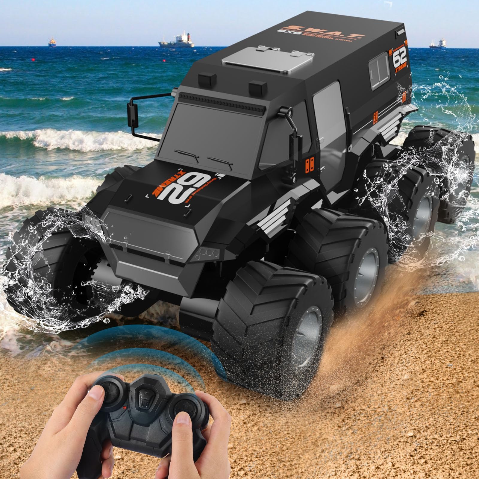 HacAri1:12 Amphibious Stunt Car Toys for Boys, 2.4GHz for All Terrain 8WD Remote Control Car Waterproof Monster RC Drift Trucks, Suitable for Boys Aged 8-12 And Adults.