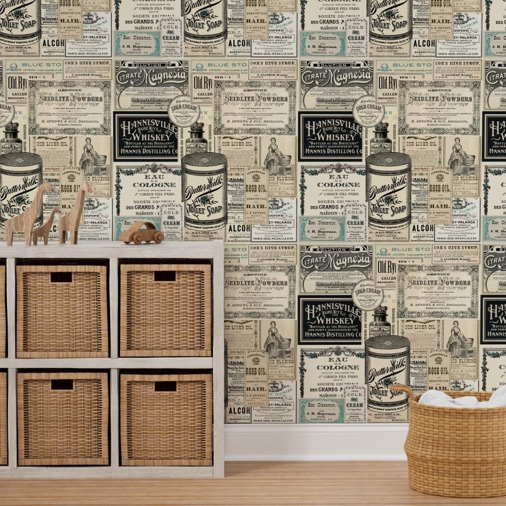 Spoonflower Peel & Stick Wallpaper 3ft x 2ft - General Store Vintage Antique French advertisements Victorian Custom Removable Wallpaper