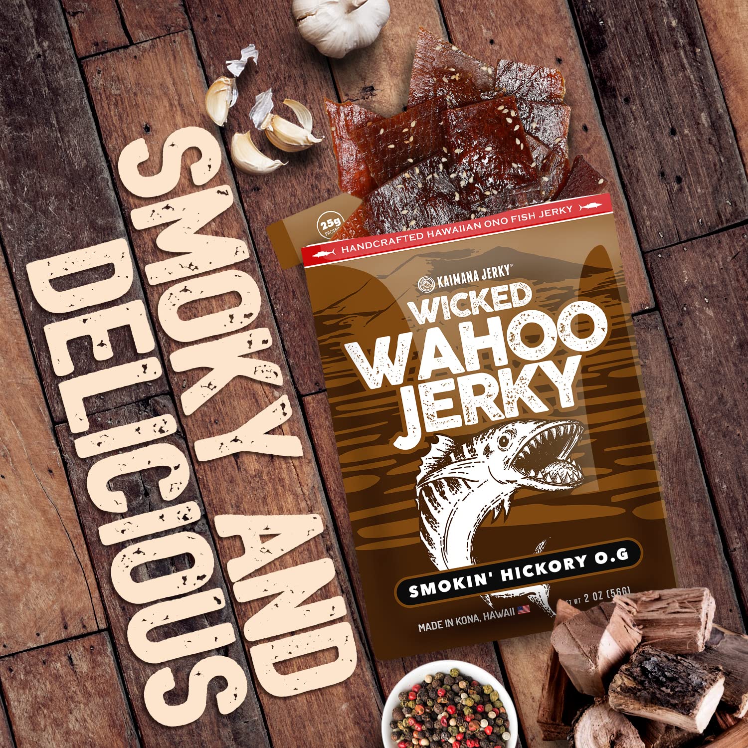 Smokin' Hickory O.G Wahoo Ono Fish Jerky - Organic, Gourmet Smoked Fish Strips, Rich in Omega-3 & Protein, Low-Calorie, Low Sodium & Sugar - Smoky Umami Flavor - 2oz Bag (Pack of 2)