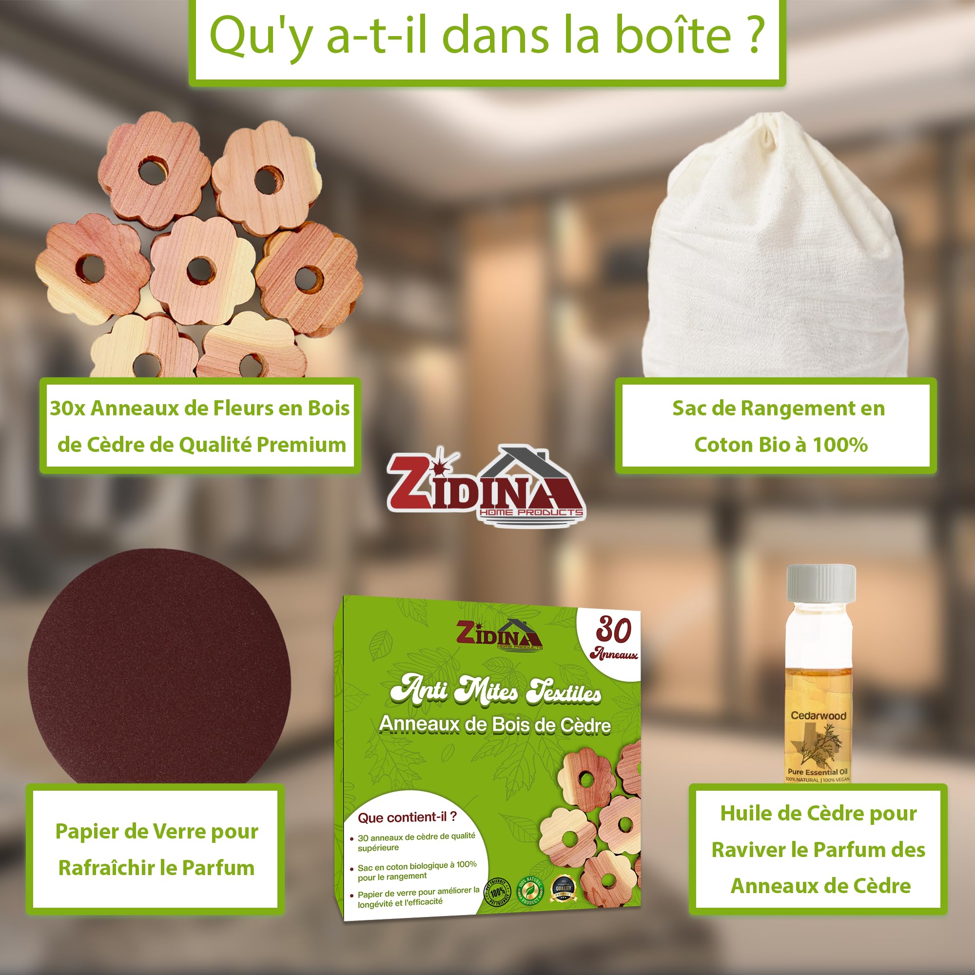Anti Mites Textiles Pack 30 Anneaux Vêtements Huile de Bois de Cèdre 4,5 ML Naturel Contre Mites Armoires