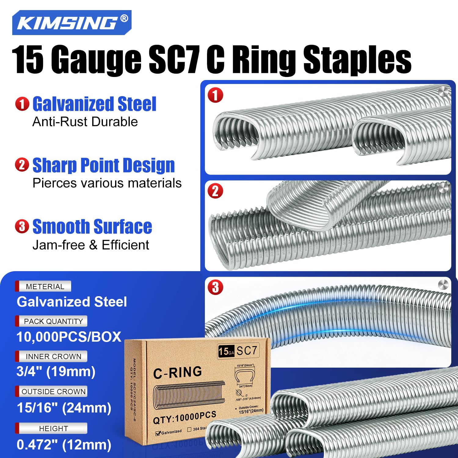 SC7 Gauge 19mm Interior Corona 24mm Exterior Corona Galvanizado C Anillo Grapas 10,000 PCS/Caja, C-anillos para Hog Ring Gun C Ring Alicates | Corona int. 19mm - ext. 24mm, cierre 4,8-8mm, para pinzas C 15GA, jaulas animales & asientos auto