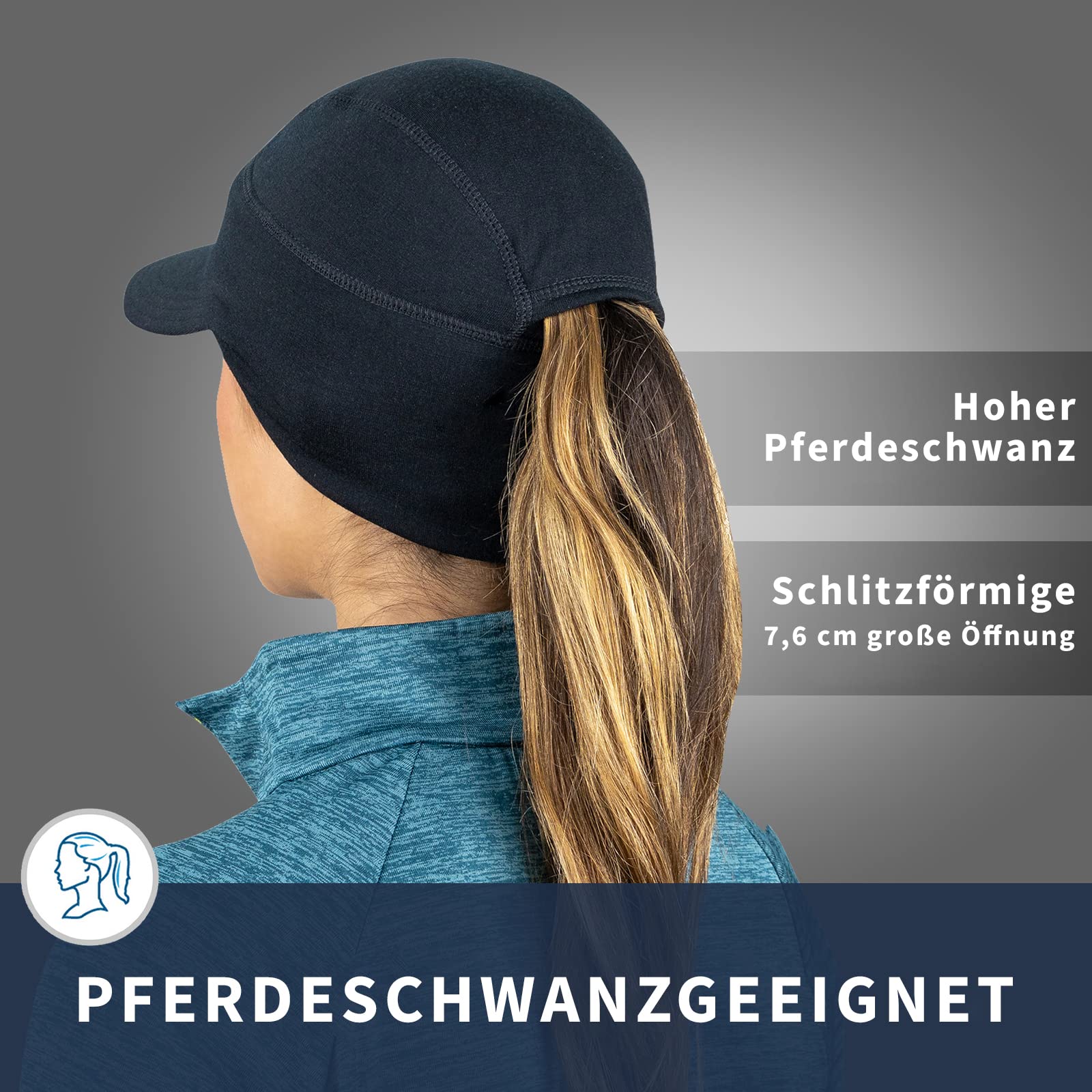 TrailHeads Damen Pferdeschwanz Mütze | Merinowolle Mütze mit Drop Down Ohrwärmer | Visiermütze | Leichte Läufermütze
