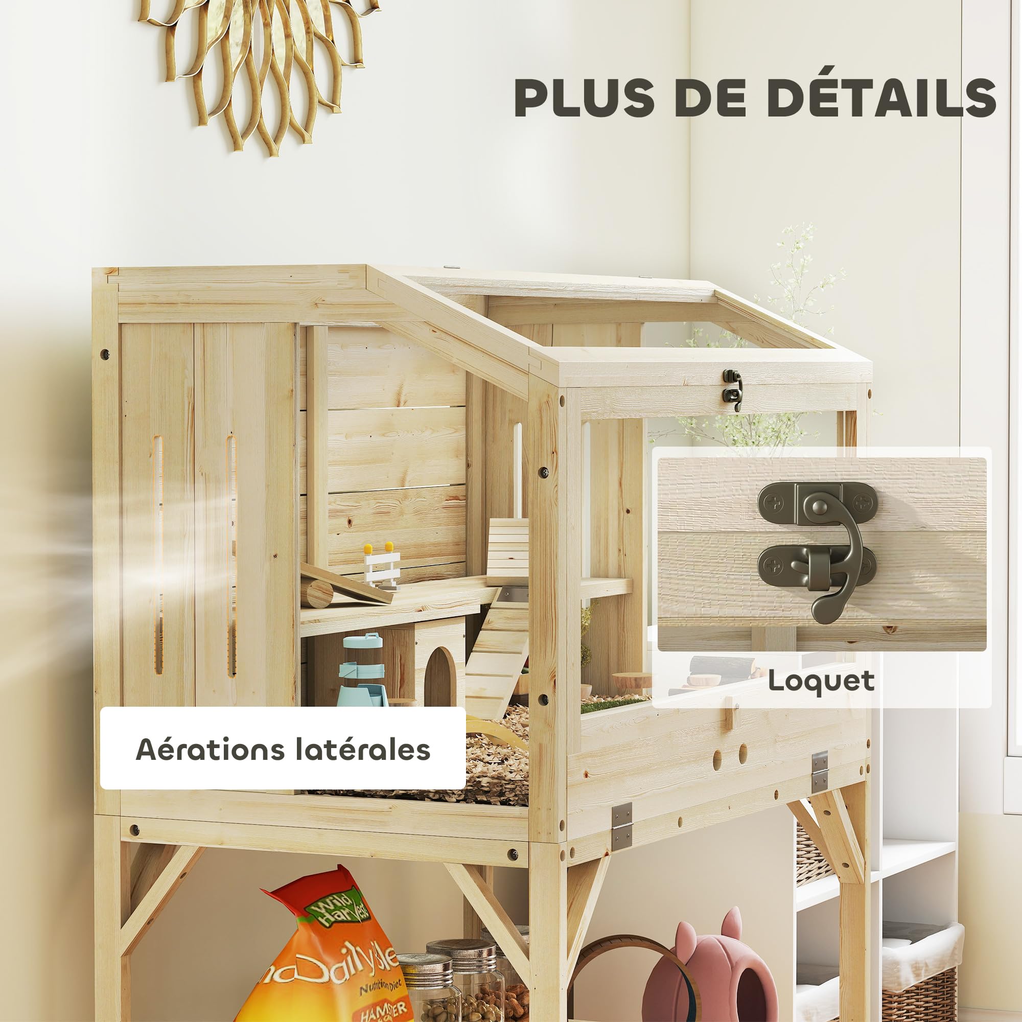 PawHut Cage Hamster en Bois, Cage Rongeur à 2 Niveaux, avec étagère de Rangement, Couvercle ouvrant, Plateau Amovible, Bascule, Rampe, pour Hamsters syriens, gerbilles, 84 x 53 x 110 cm, Bois Naturel