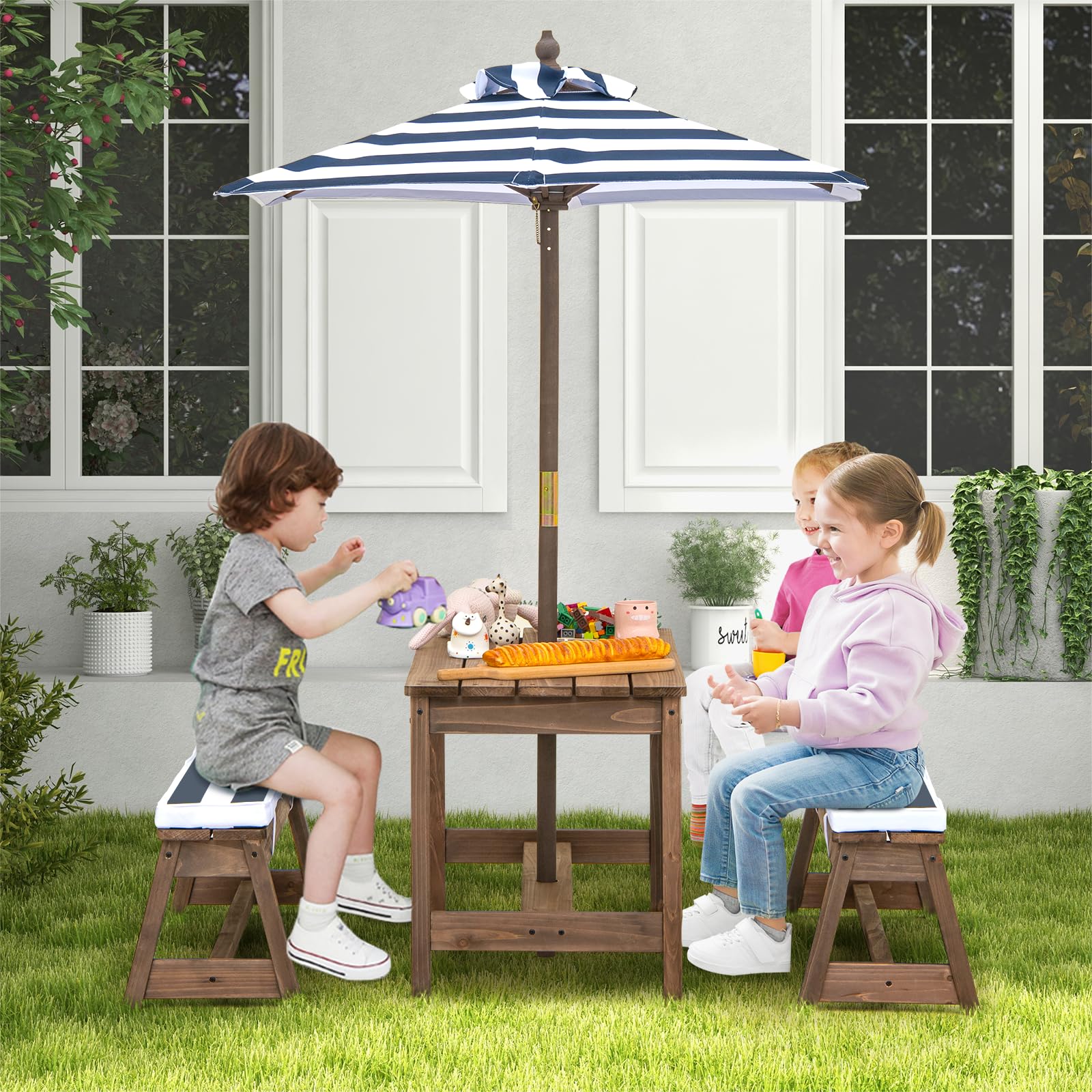SOARS Ensemble de Table de Pique-Nique pour Enfants avec Parasol Réglable, Table et Bancs en Bois de Sapin pour Enfants avec Parasol et Coussins Doux, Salon de Jardin et Parc (Bleu)
