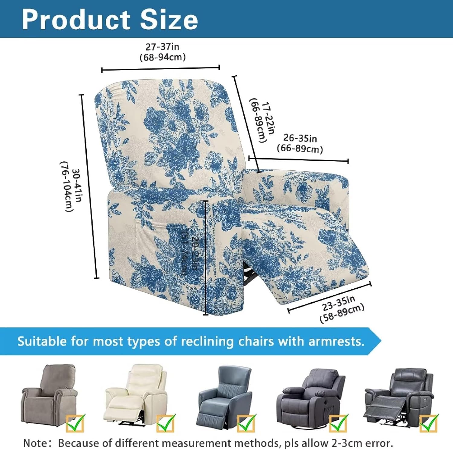 Blue Floral Recliner Slipcover Nordic Art Floral Stretch Lazyboy Recliner Chair Covers with Pockets, Beige Couch Sofa Slip Covers Furniture Protector for Living Room Pets