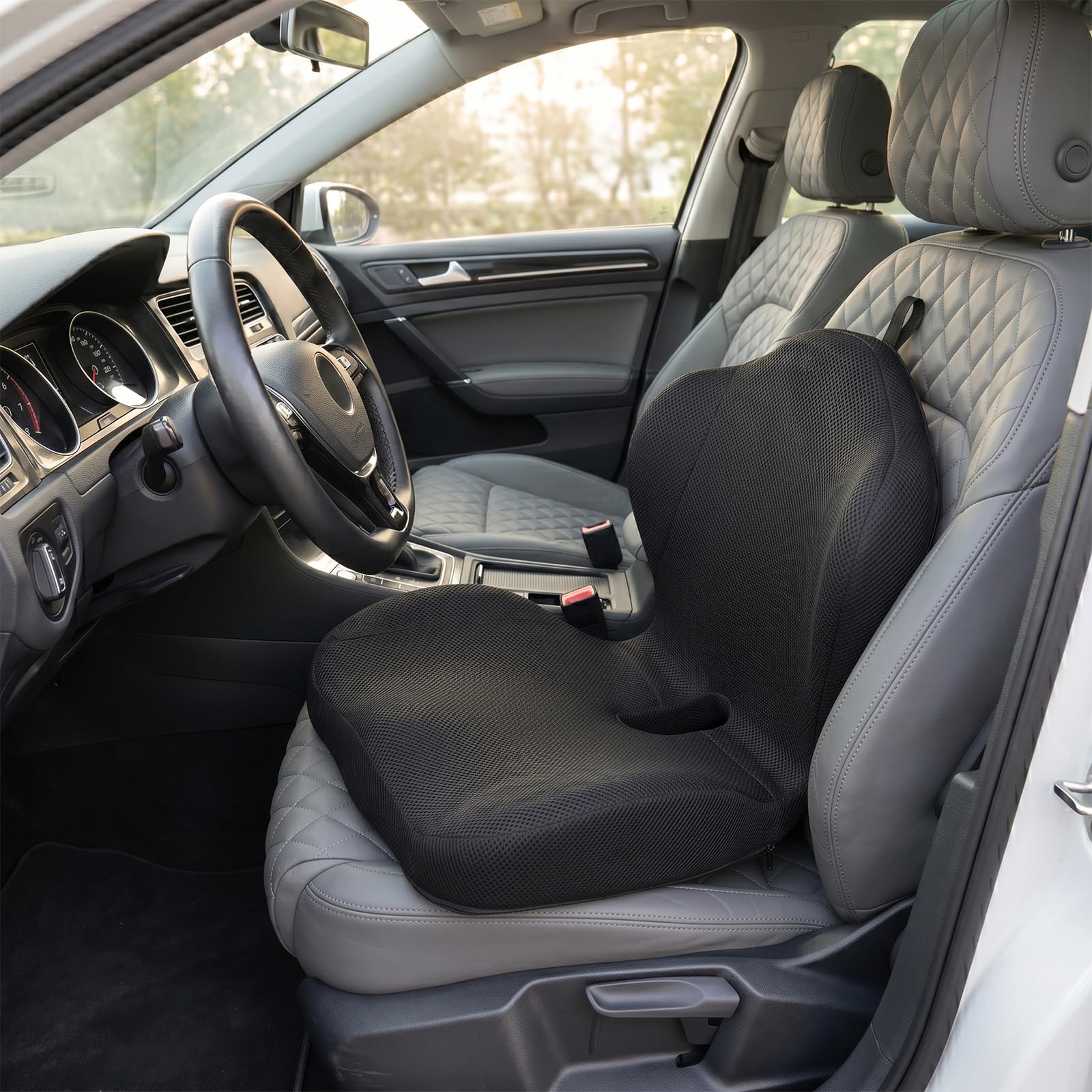 GOFORIT Cuscino per sedile e schienale 2 in 1 - Set ergonomico in memory foam a doppio strato, supporto lombare per sedia da ufficio e sedile auto, comfort per il coccige, antiscivolo e lavabile