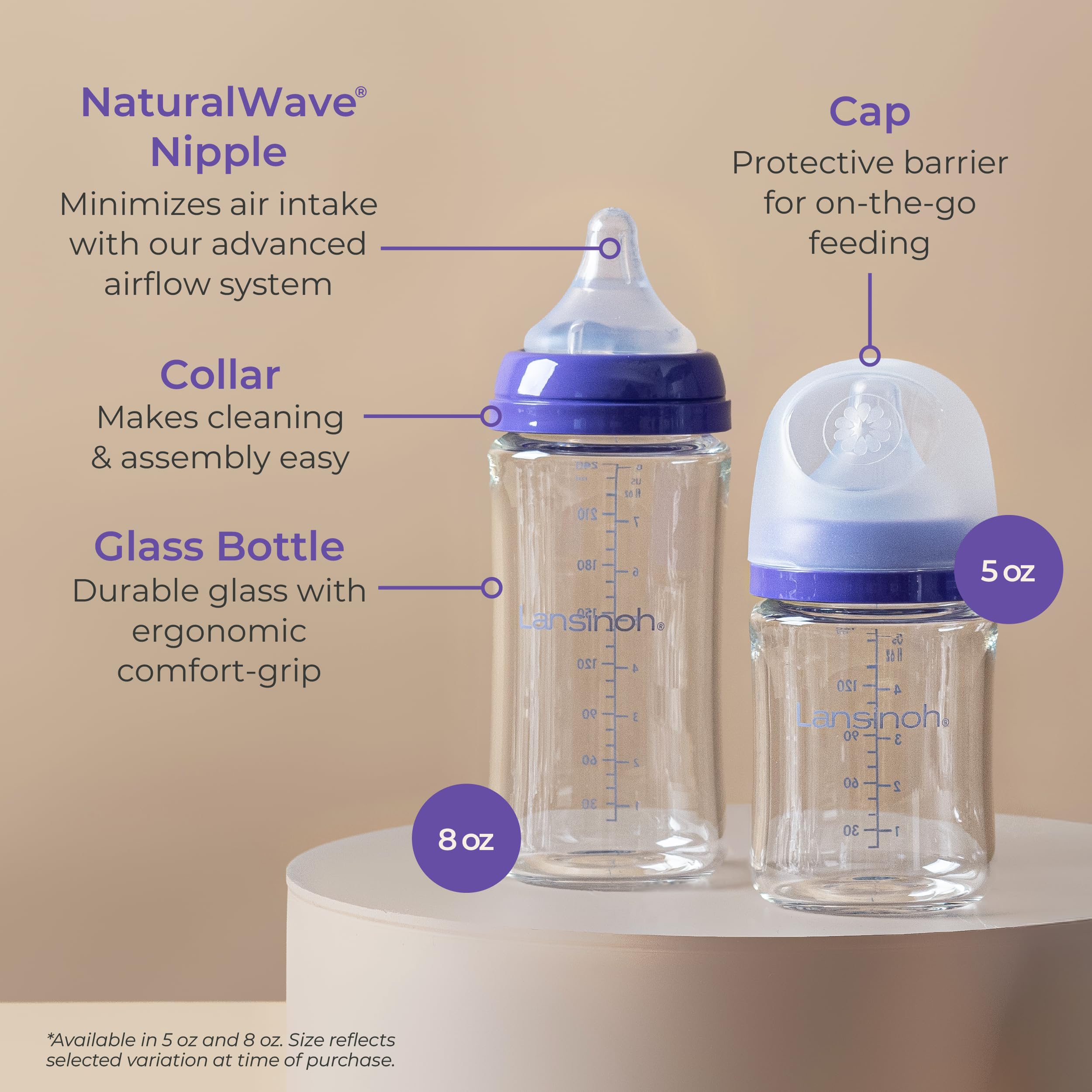 Lansinoh Biberon in vetro anti-coliche, 226,8 g, 4 biberon per alimentazione, essenziali per bambini, include 4 tettarelle a flusso medio, taglia M