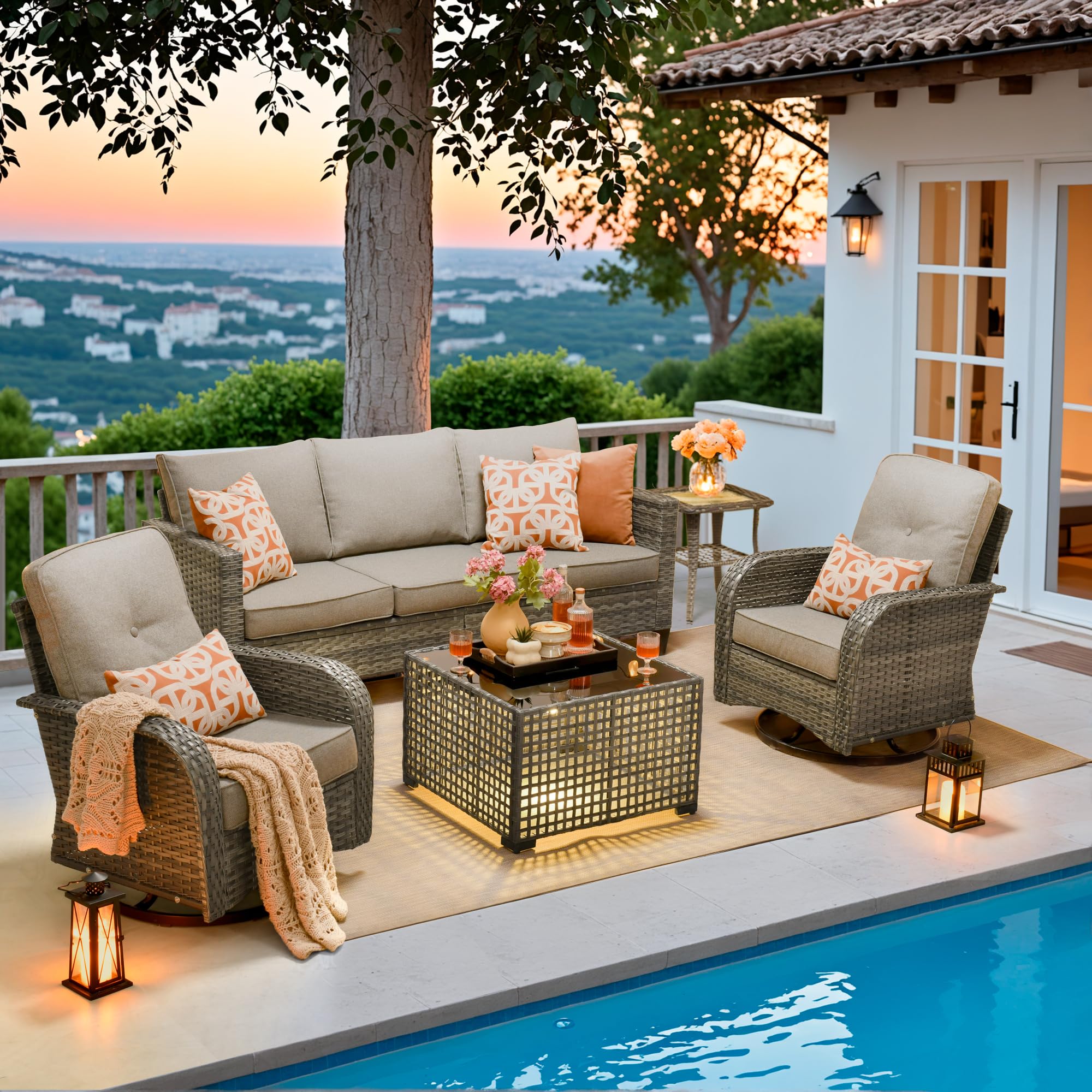 POUUIN 5 Pieces Patio Outdoor Furniture Set with Swivel Rocking Chairs,Patio Seating Outside Sofa and Chairs Set with Glowing Table,Patio Conversation