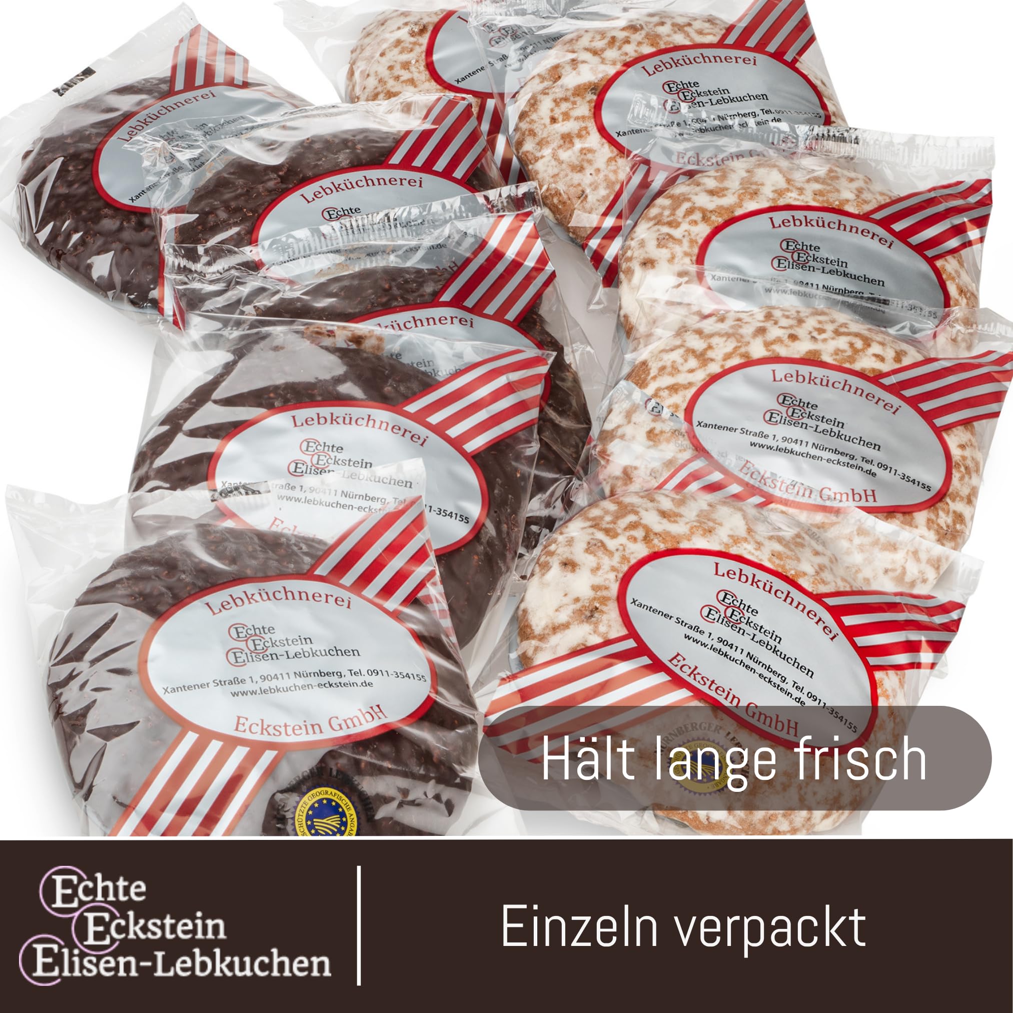 Lebkuchen Eckstein - 20 Stück gemischt - 1500g - Nürnberger Elisenlebkuchen | Echte Nürnberger Elisen-Lebkuchen · 20 Stück gemischt · 1500g · einzeln verpackt · für Familie & als Geschenk