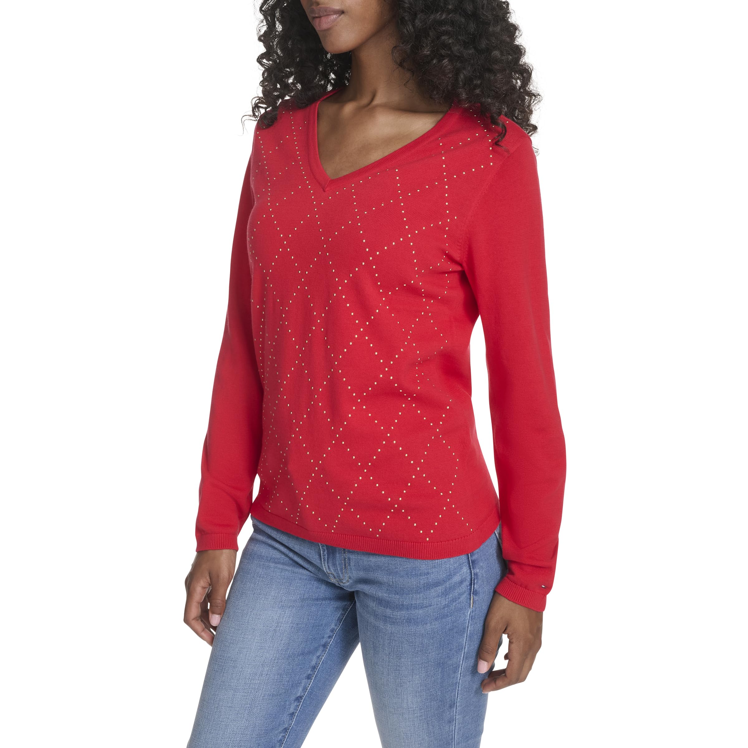 Tommy Hilfiger Damen Long Sleeve V-Neck Hotfix Cotton Sweater Pullover