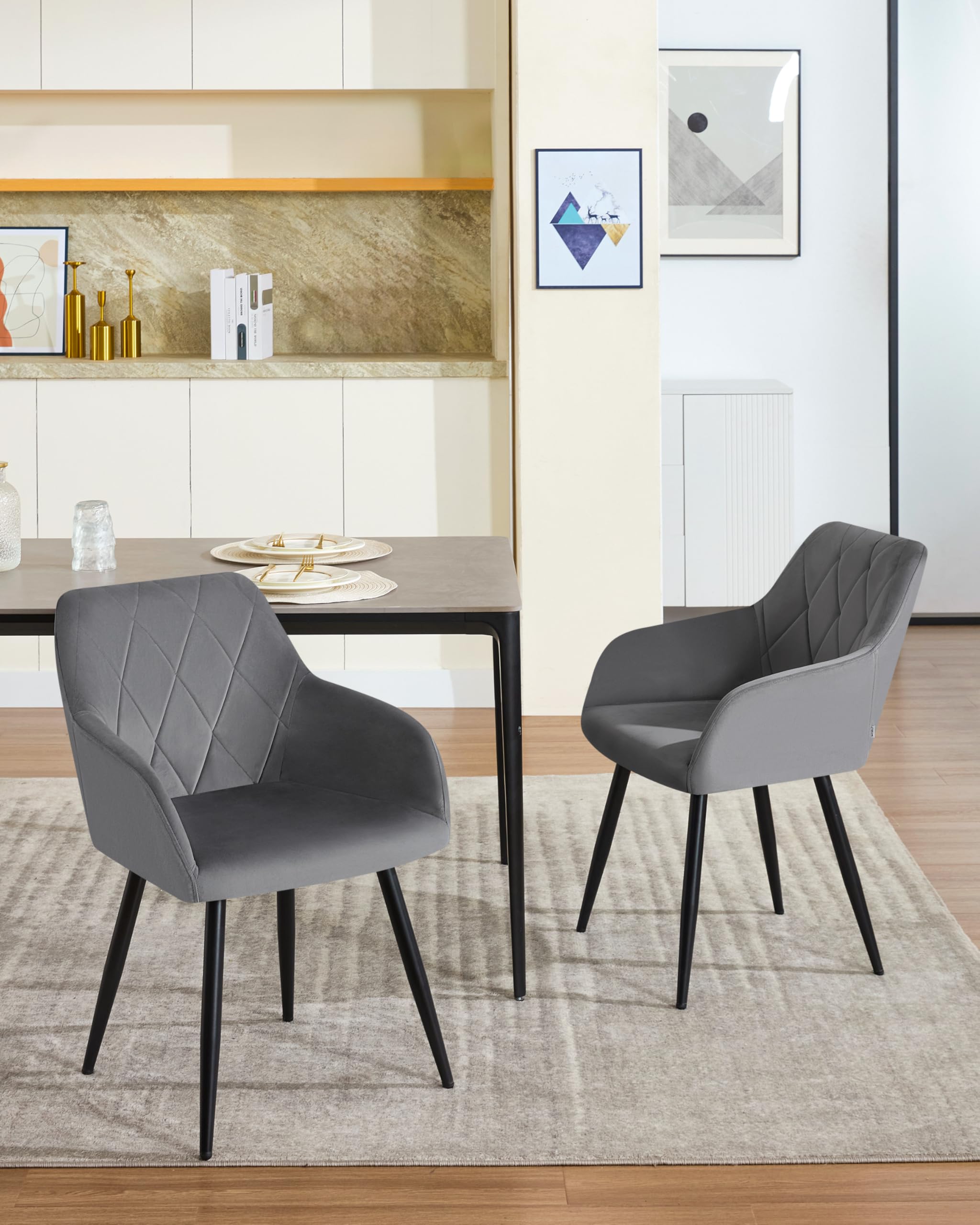 WOLTU 4er Set Esszimmerstühle mit Armlehne Rückenlehne, für Esszimmer Wohnzimmer Küche, Bequeme Küchenstühle gepolstert mit Samtbezug, Metallbeinen, Dunkelgrau