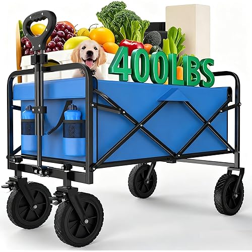 OLIXIS Wagon Cart, Heavy Duty 400 LBS Foldable Collapsible Large Wagons Carts with Wheels Smooth Maneuverability for All-Terrain, Suitable for Gardening, Camping, Beach - Blue
