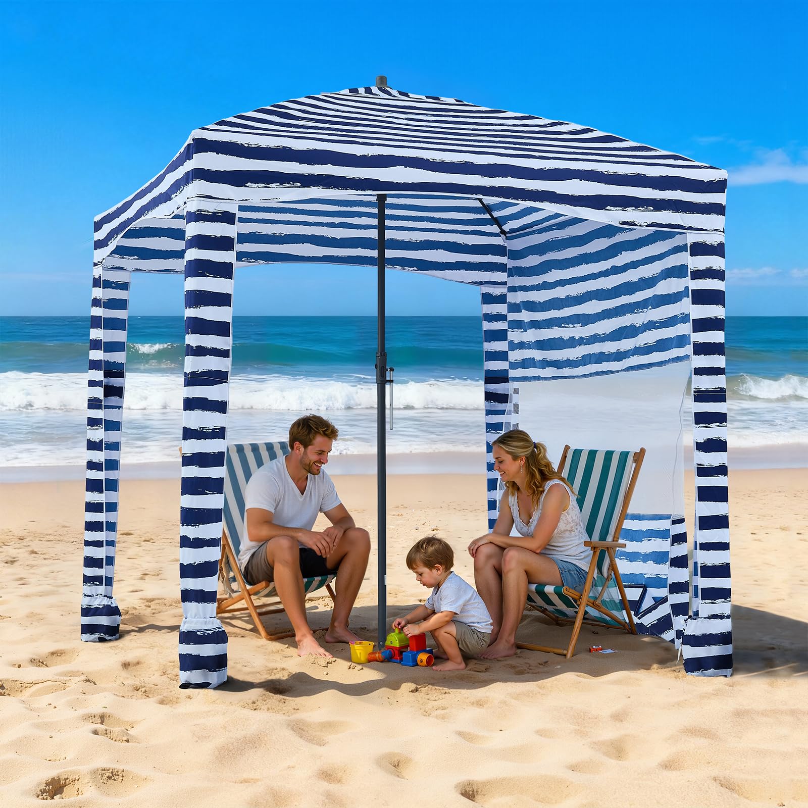 VEVOR Cabaña de Playa con Panel Lateral, Protección Solar UPF 50+, Sacos de Arena, Sombrilla Portátil para Disfrutar en Familia y con Amigos, Rayas Azul Marino y Blanco, 1830 x 1830 x 2290 mm