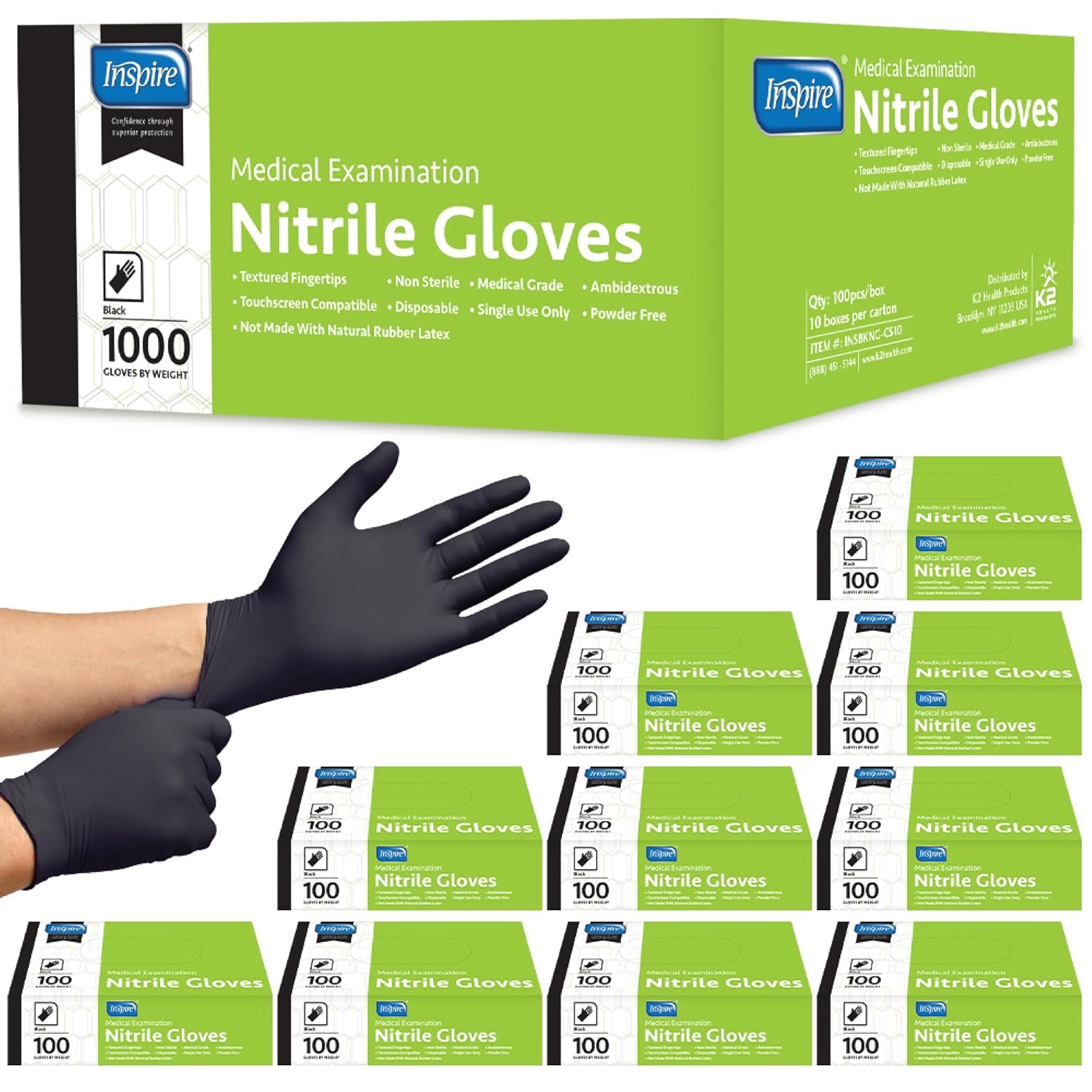 Inspire Case of 1000 Nitrile Gloves | THE ORIGINAL Quality Black Disposable Glove Latex Free | 4.5 Medical Cooking Cleaning Mechanic (Black Size Extra Large)